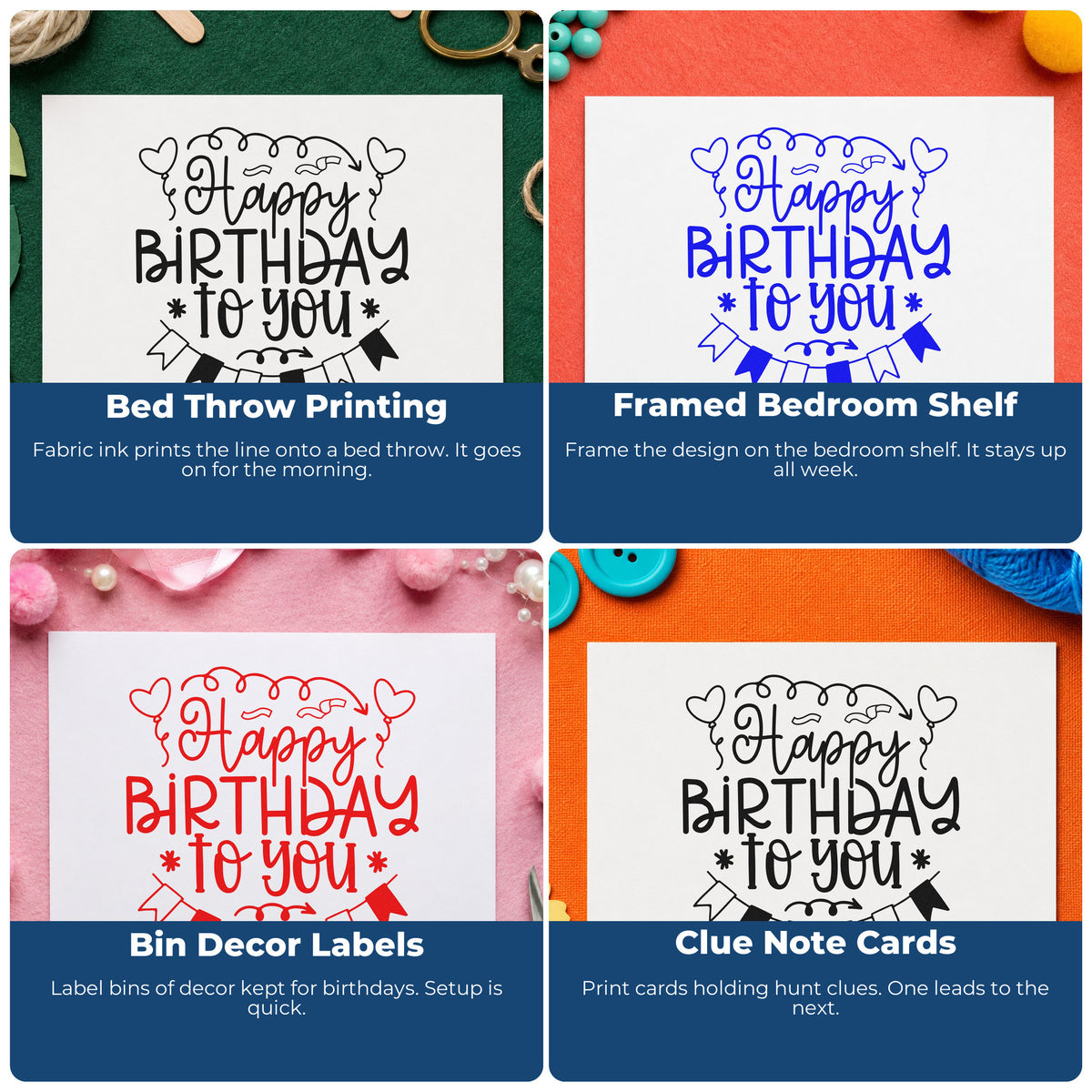 Four ways to use the Happy Birthday Heart Balloons Bunting Slim Pre-Inked Stamp: bed throw printing, framed bedroom shelf, bin decor labels and clue note cards.