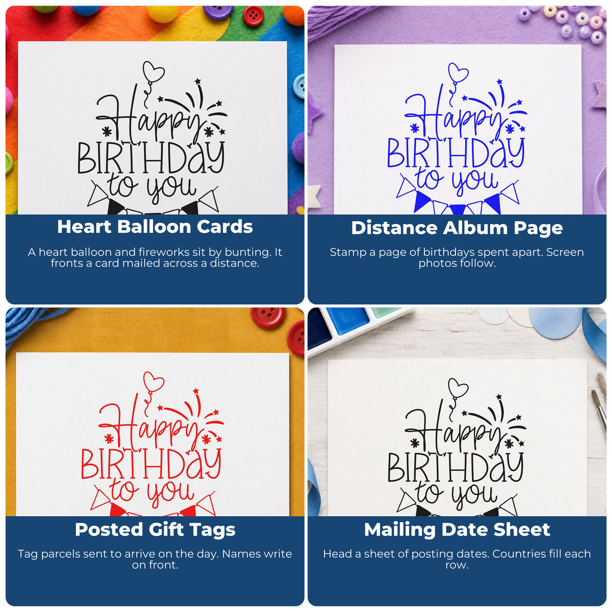 Four ways to use the Vintage Pro Birthday To You Fireworks Premium Wooden Stamp: heart balloon cards, distance album page, posted gift tags and mailing date sheet.