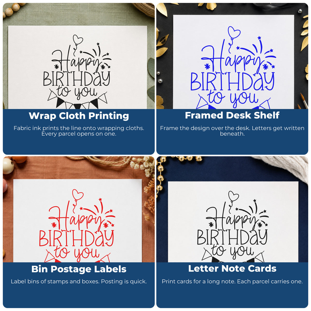 Four ways to use the Vintage Pro Birthday To You Fireworks Premium Wooden Stamp: wrap cloth printing, framed desk shelf, bin postage labels and letter note cards.
