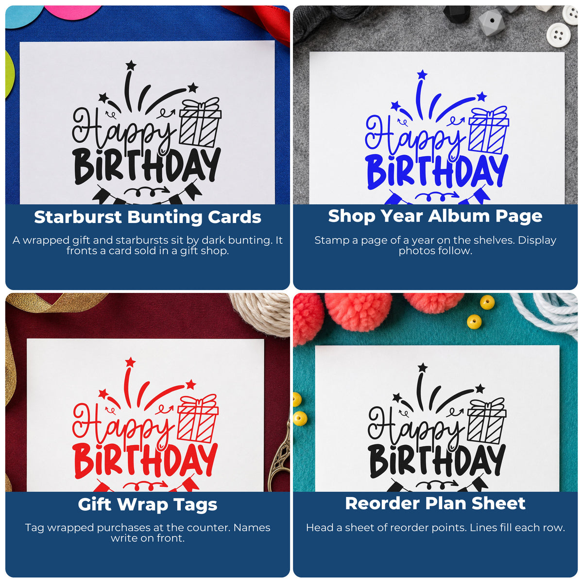 Four ways to use the Happy Birthday Gift Bunting Fireworks Self-Inking Stamp: starburst bunting cards, shop year album page, gift wrap tags and reorder plan sheet.