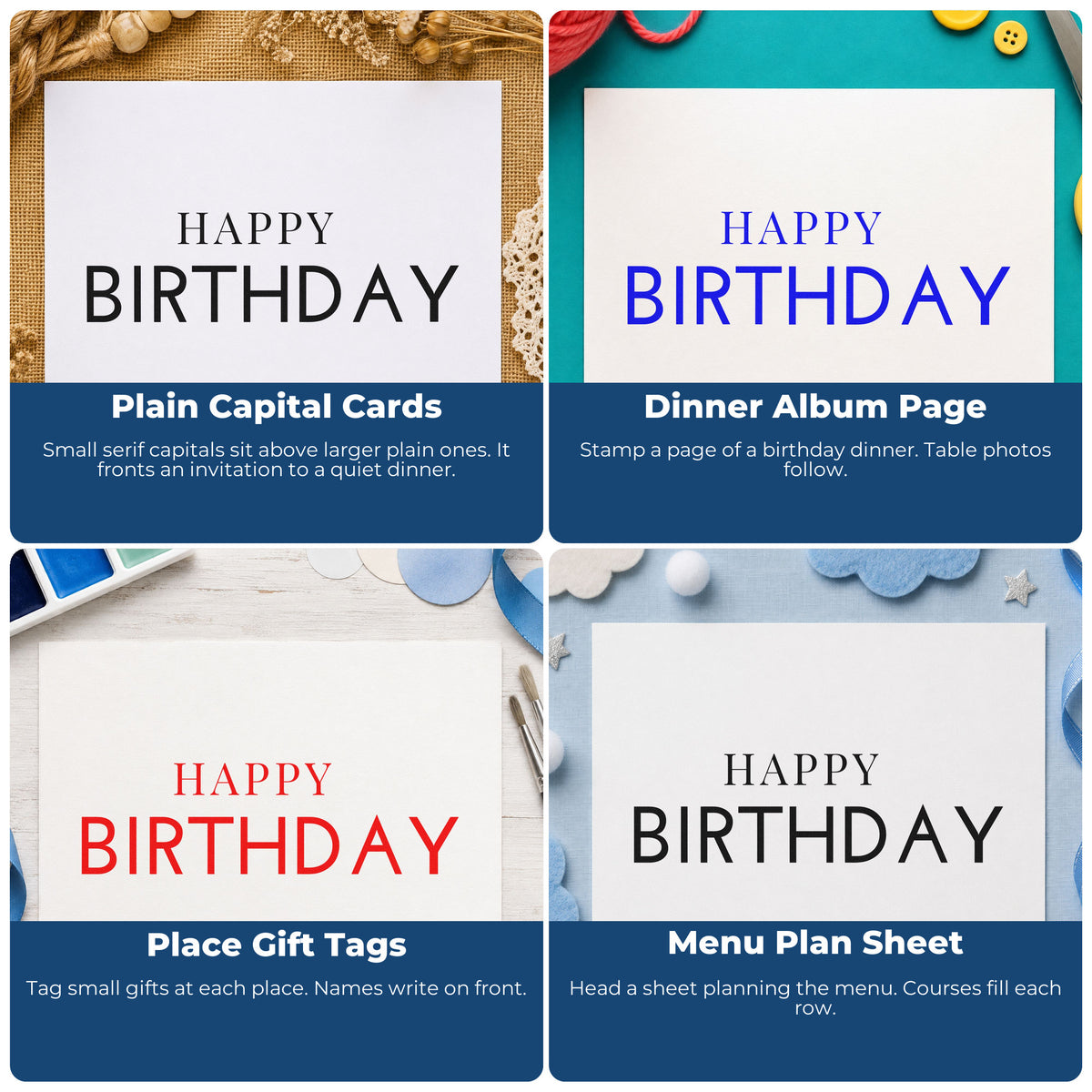 Four ways to use the Simple Happy Birthday Capitals Duo Hand Stamp: plain capital cards, dinner album page, place gift tags and menu plan sheet.
