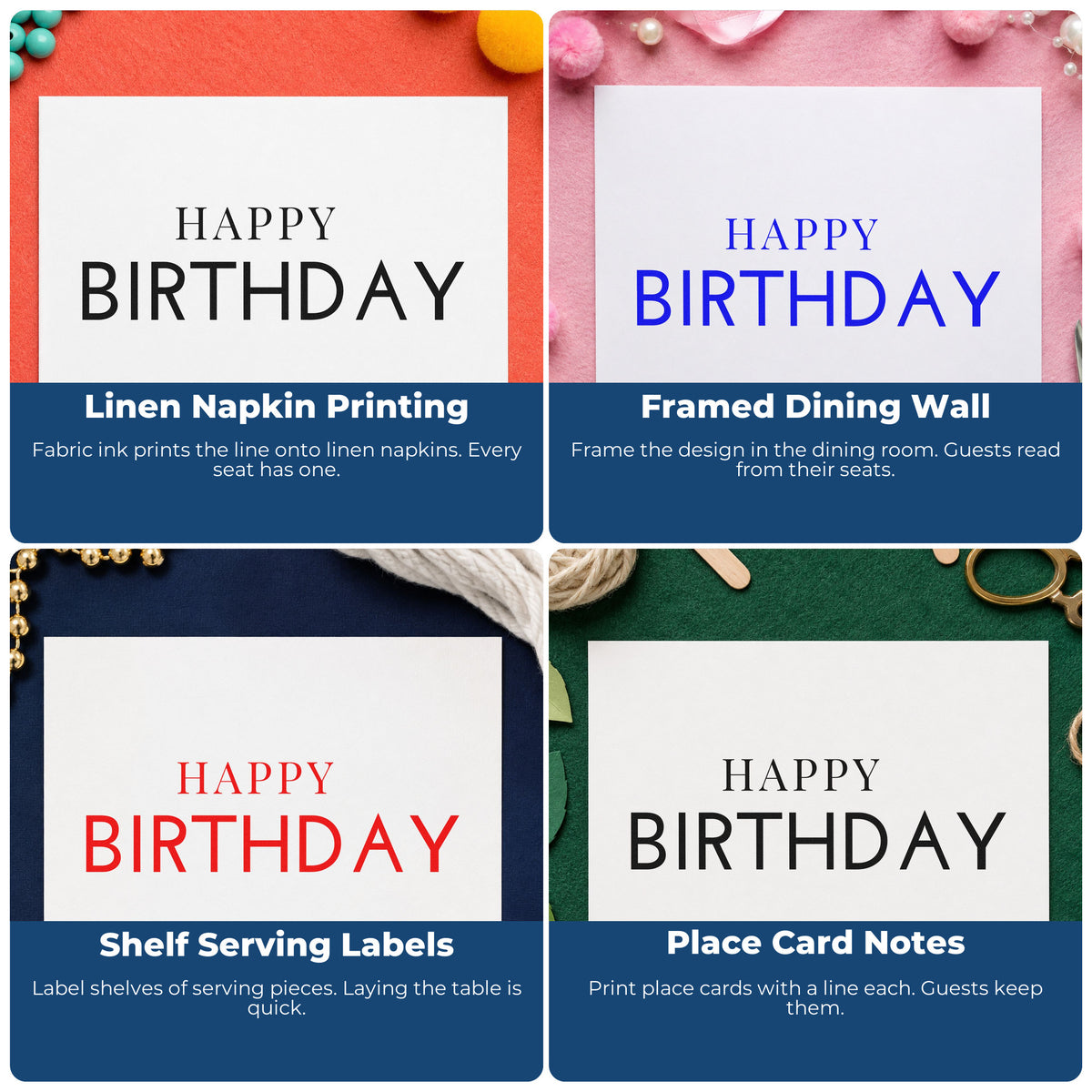 Four ways to use the Simple Happy Birthday Capitals Premium Wood-Mounted Stamp - Vintage Pro: linen napkin printing, framed dining wall, shelf serving labels and place card notes.