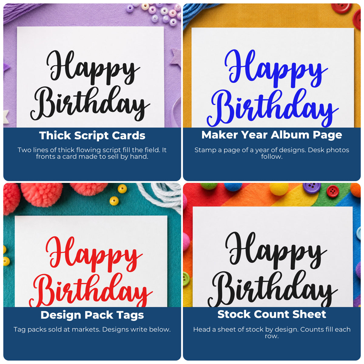 Four ways to use the Happy Birthday Bold Script Lettering Self-Inking Craft Stamp: thick script cards, maker year album page, design pack tags and stock count sheet.