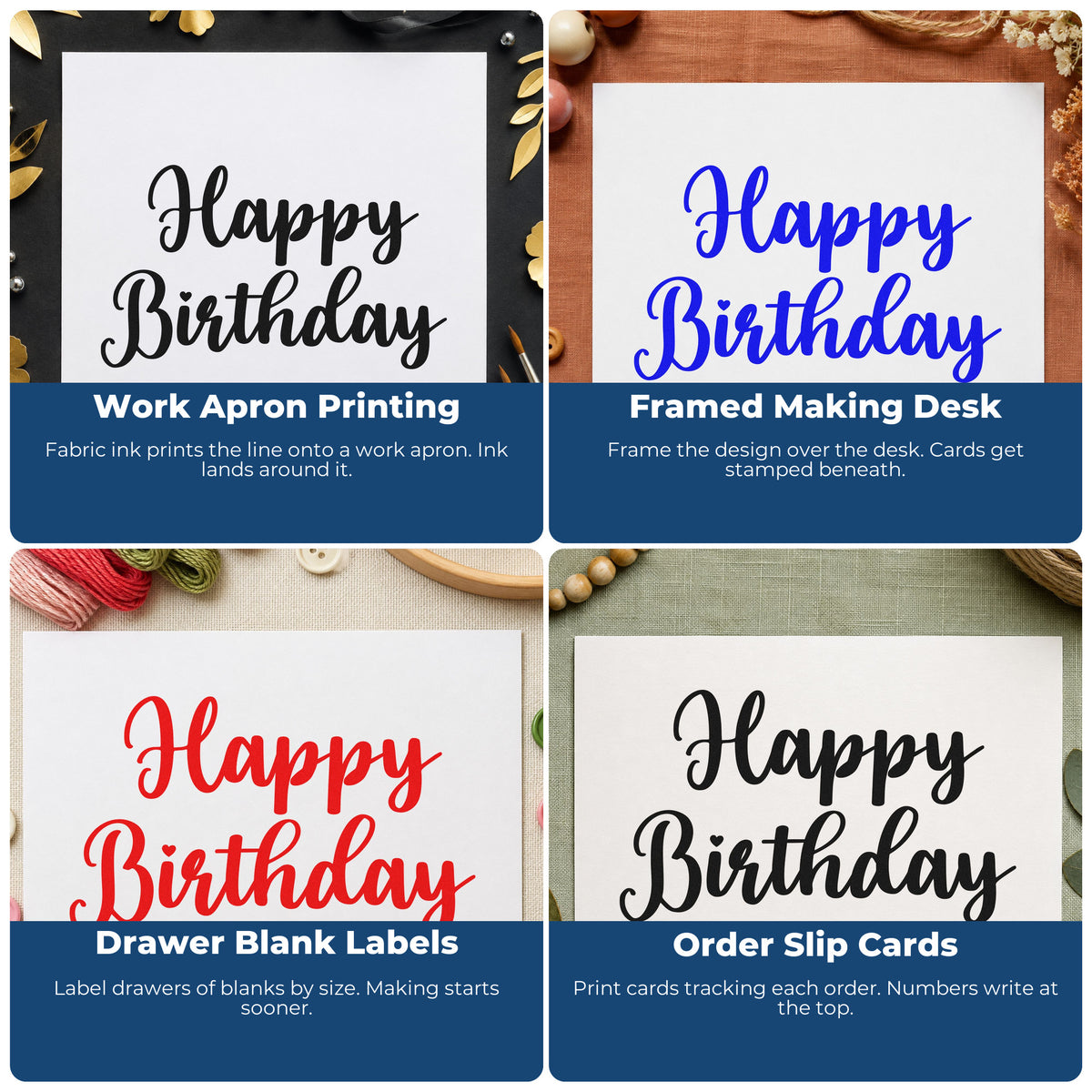 Four ways to use the Happy Birthday Bold Script Lettering Self-Inking Craft Stamp: work apron printing, framed making desk, drawer blank labels and order slip cards.