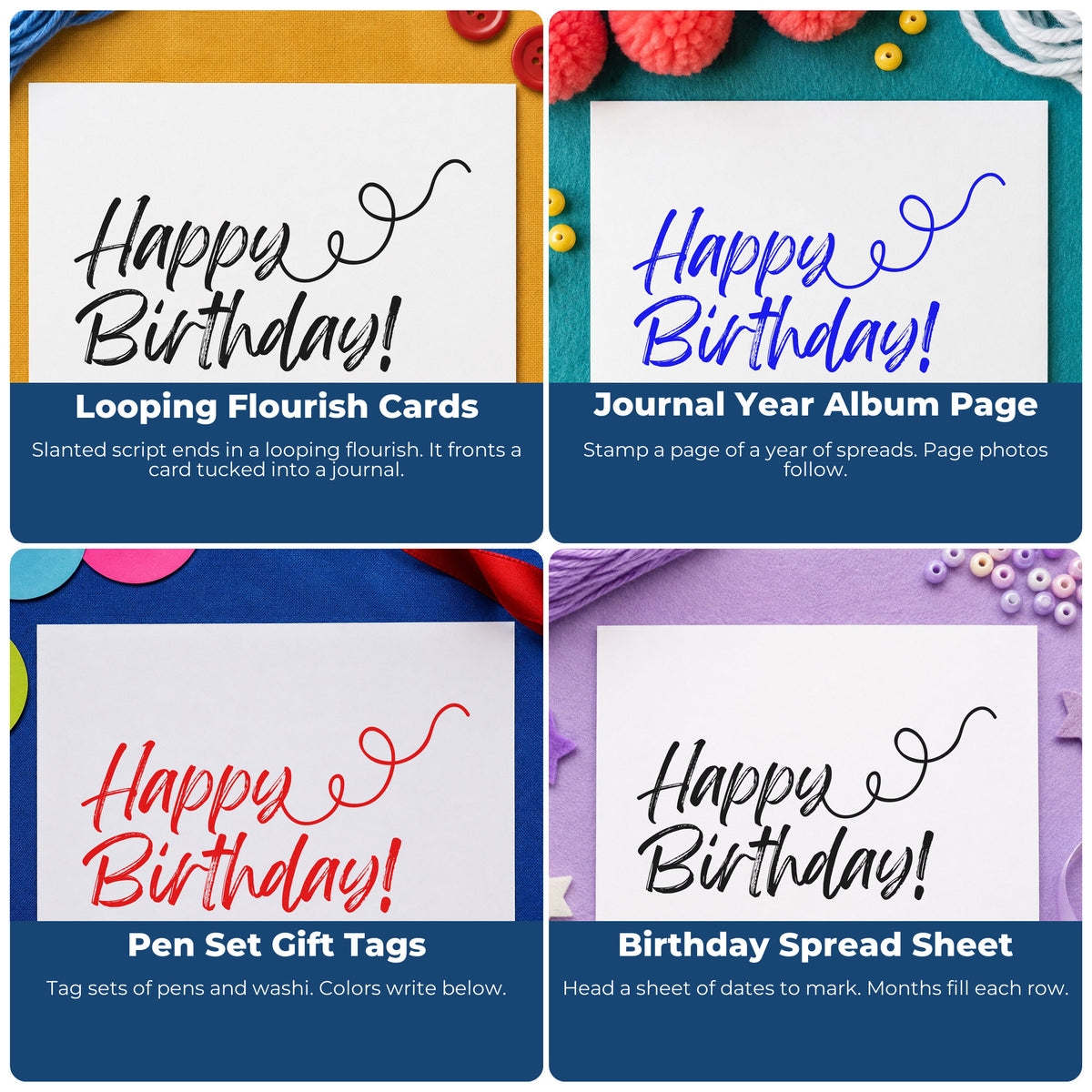 Four ways to use the Happy Birthday Curl Flourish Stamp – Self-Inking: looping flourish cards, journal year album page, pen set gift tags and birthday spread sheet.