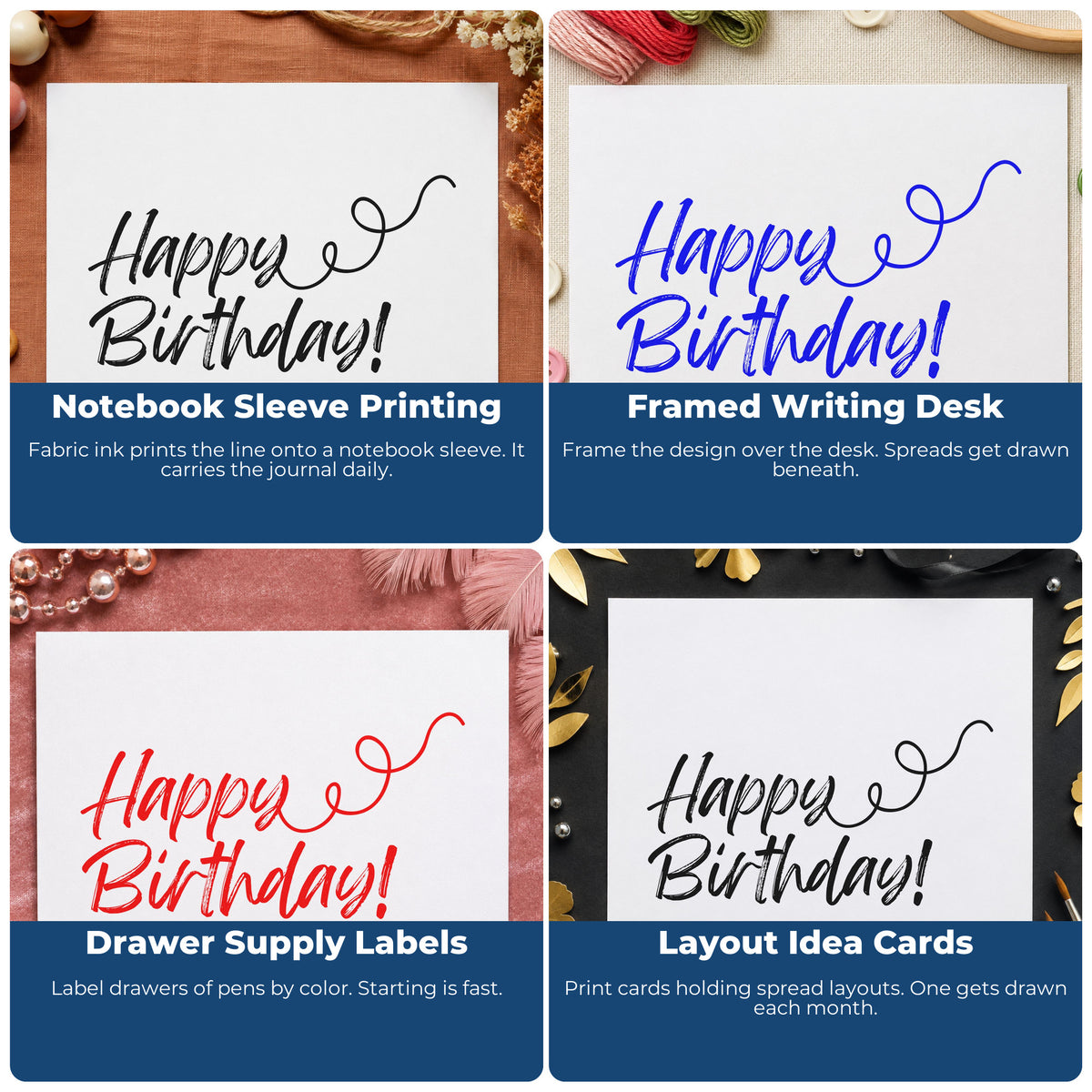 Four ways to use the Happy Birthday Curl Flourish Rubber Stamp – Duo Hand: notebook sleeve printing, framed writing desk, drawer supply labels and layout idea cards.