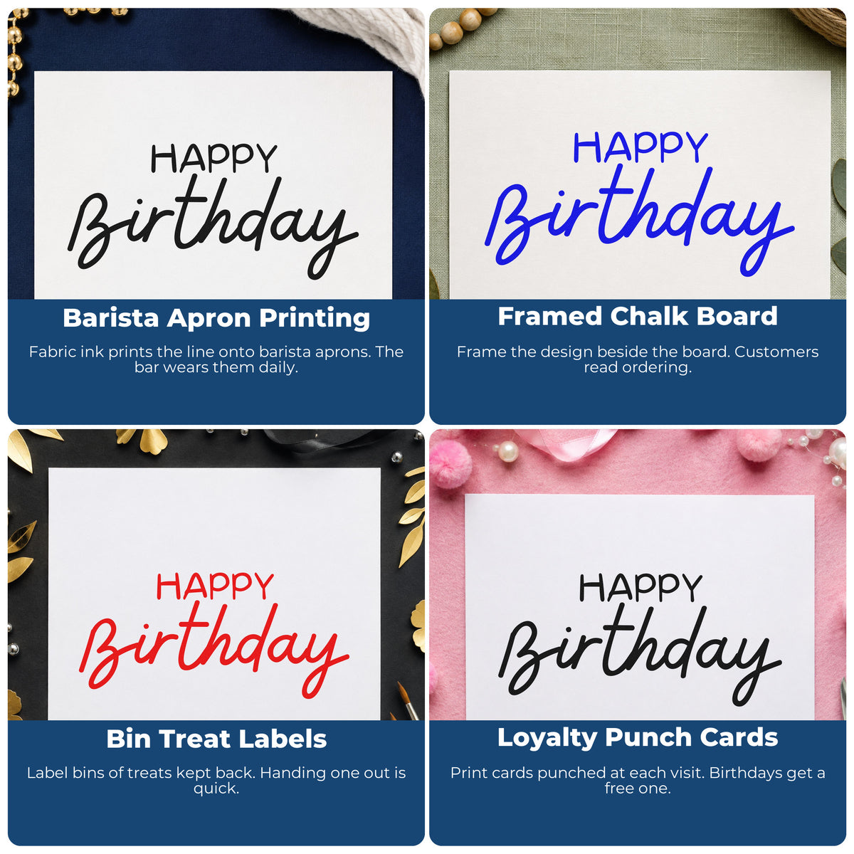 Four ways to use the Happy Birthday Casual Script Stamp – Slim Pre-Inked: barista apron printing, framed chalk board, bin treat labels and loyalty punch cards.