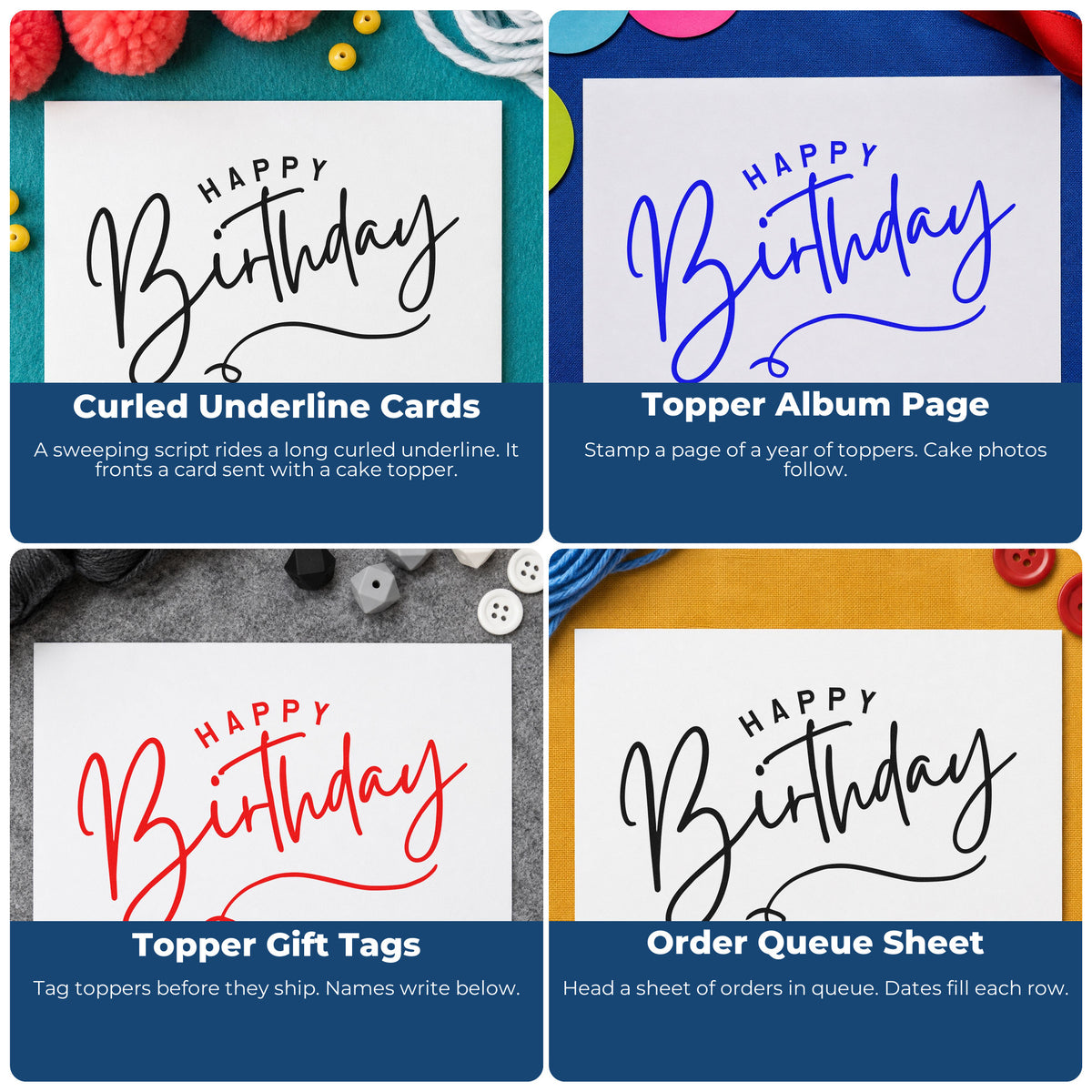 Four ways to use the Happy Birthday Loop Underline Arch Wood Handle Stamp: curled underline cards, topper album page, topper gift tags and order queue sheet.
