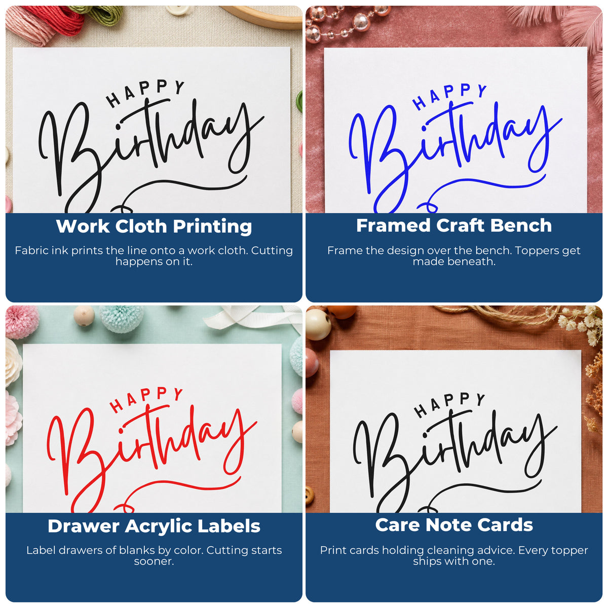 Four ways to use the Happy Birthday Loop Underline Arch Pre-Inked Stamp – PSI: work cloth printing, framed craft bench, drawer acrylic labels and care note cards.