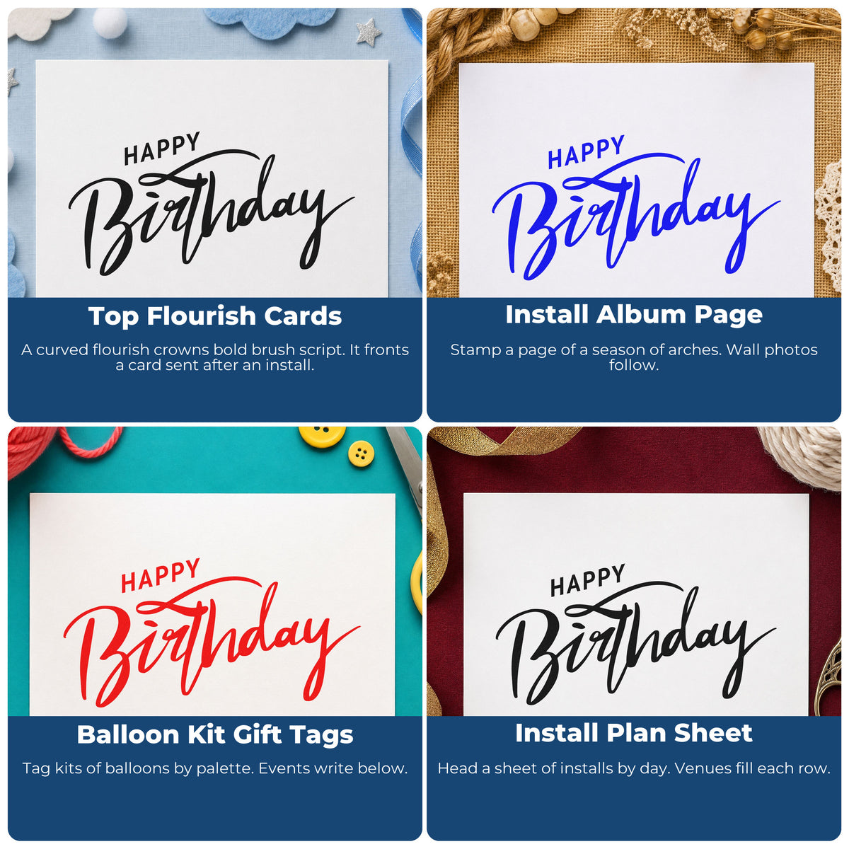 Four ways to use the Happy Birthday Brush Flourish Hand Stamp – Duo: top flourish cards, install album page, balloon kit gift tags and install plan sheet.