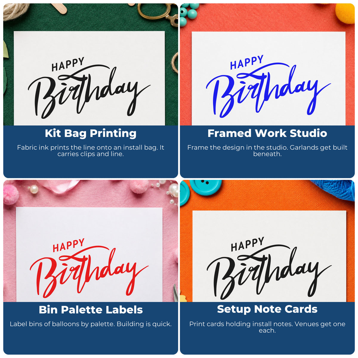 Four ways to use the Happy Birthday Brush Flourish Hand Stamp – Duo: kit bag printing, framed work studio, bin palette labels and setup note cards.
