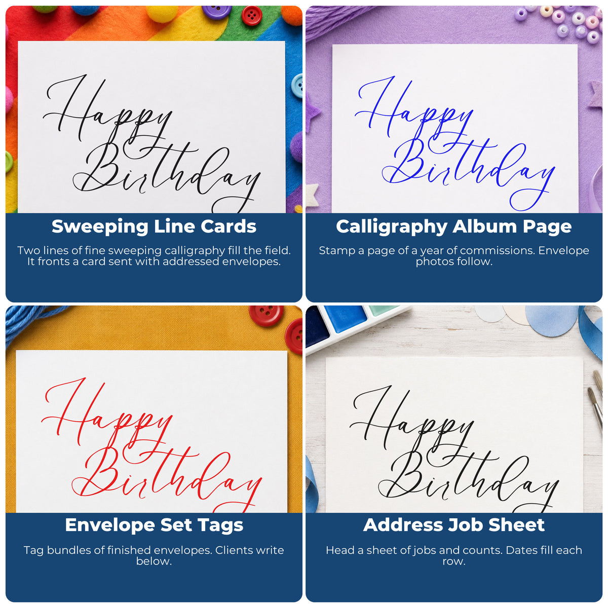 Four ways to use the Elegant Happy Birthday Calligraphy Self-Inking Stamp: sweeping line cards, calligraphy album page, envelope set tags and address job sheet.