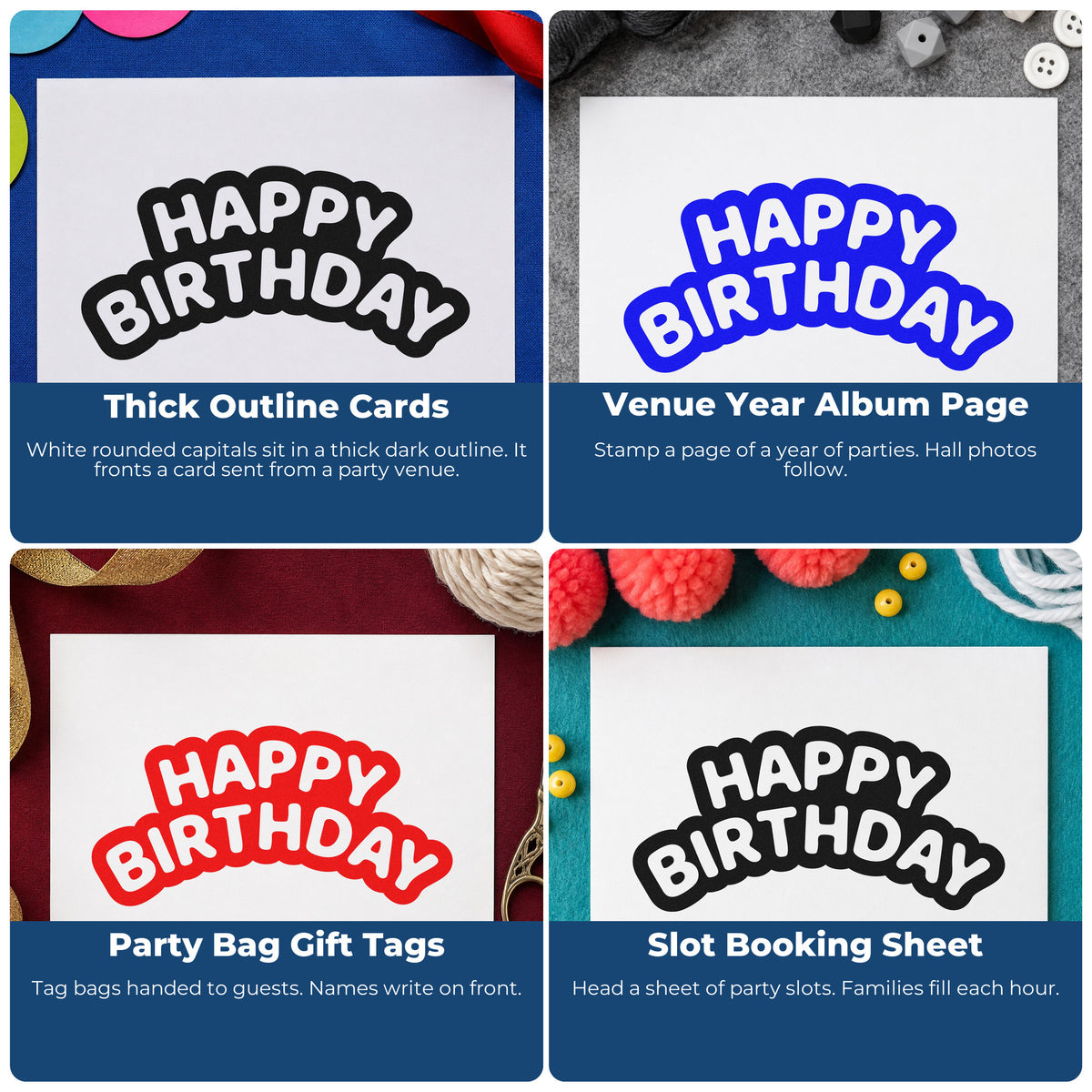 Four ways to use the Happy Birthday Bubble Outline Stamp – Self-Inking: thick outline cards, venue year album page, party bag gift tags and slot booking sheet.