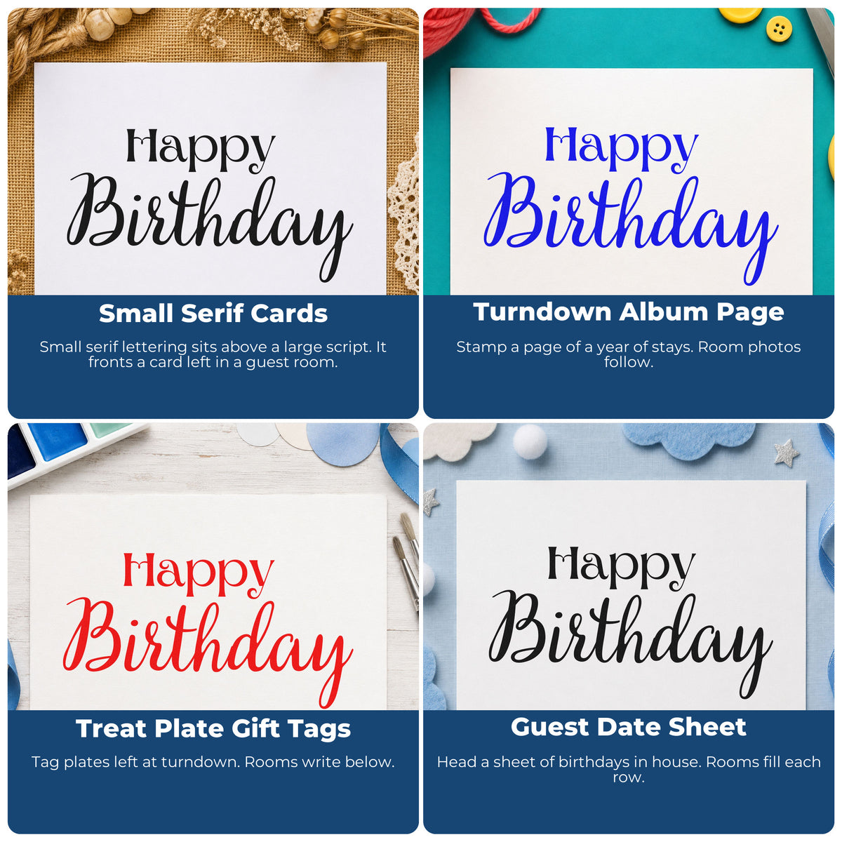 Four ways to use the Happy Birthday Serif Script Lettering Rubber Stamp – Duo Hand: small serif cards, turndown album page, treat plate gift tags and guest date sheet.
