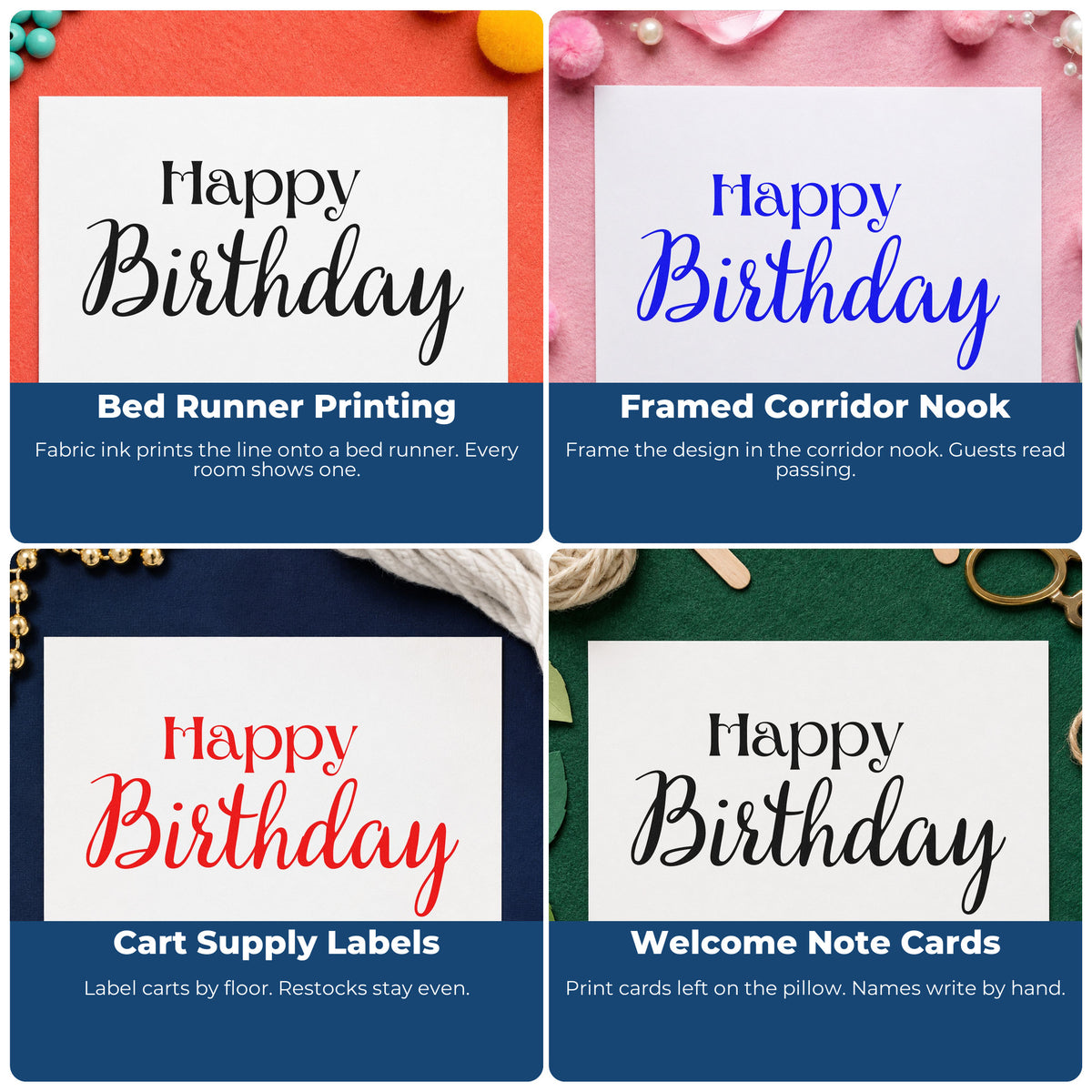 Four ways to use the Happy Birthday Serif Script Lettering Rubber Stamp – Duo Hand: bed runner printing, framed corridor nook, cart supply labels and welcome note cards.