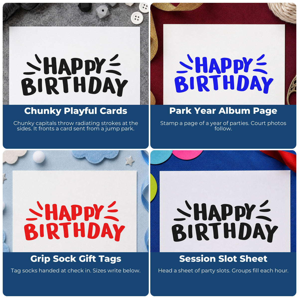 Four ways to use the Happy Birthday Radiating Strokes Block Lettering Slim Pre-Inked Stamp: chunky playful cards, park year album page, grip sock gift tags and session slot sheet.