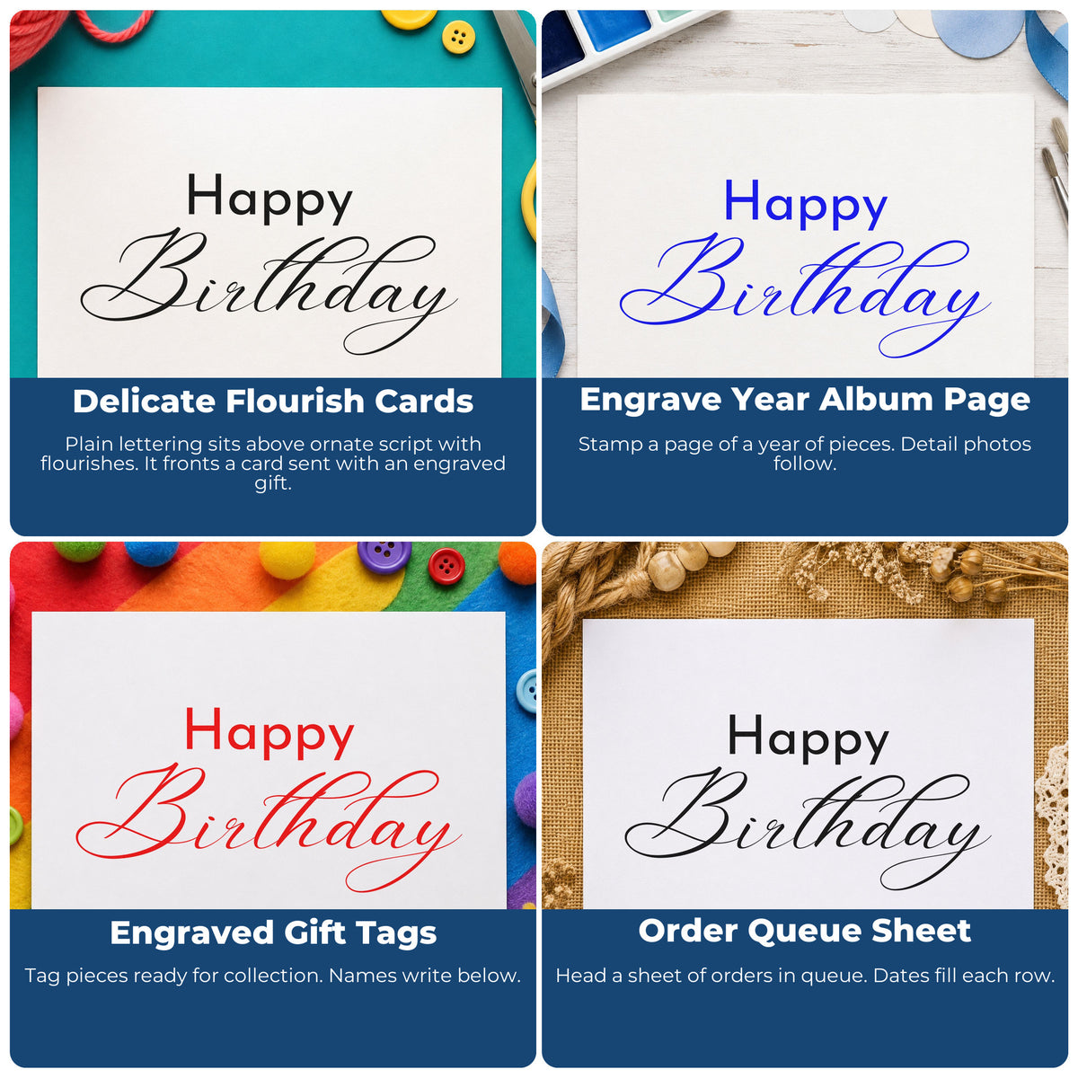 Four ways to use the Happy Birthday Fine Calligraphy Pre-Inked Stamp – Slim: delicate flourish cards, engrave year album page, engraved gift tags and order queue sheet.