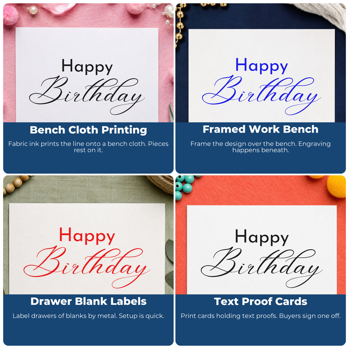 Four ways to use the Happy Birthday Fine Calligraphy Pre-Inked Stamp – Slim: bench cloth printing, framed work bench, drawer blank labels and text proof cards.