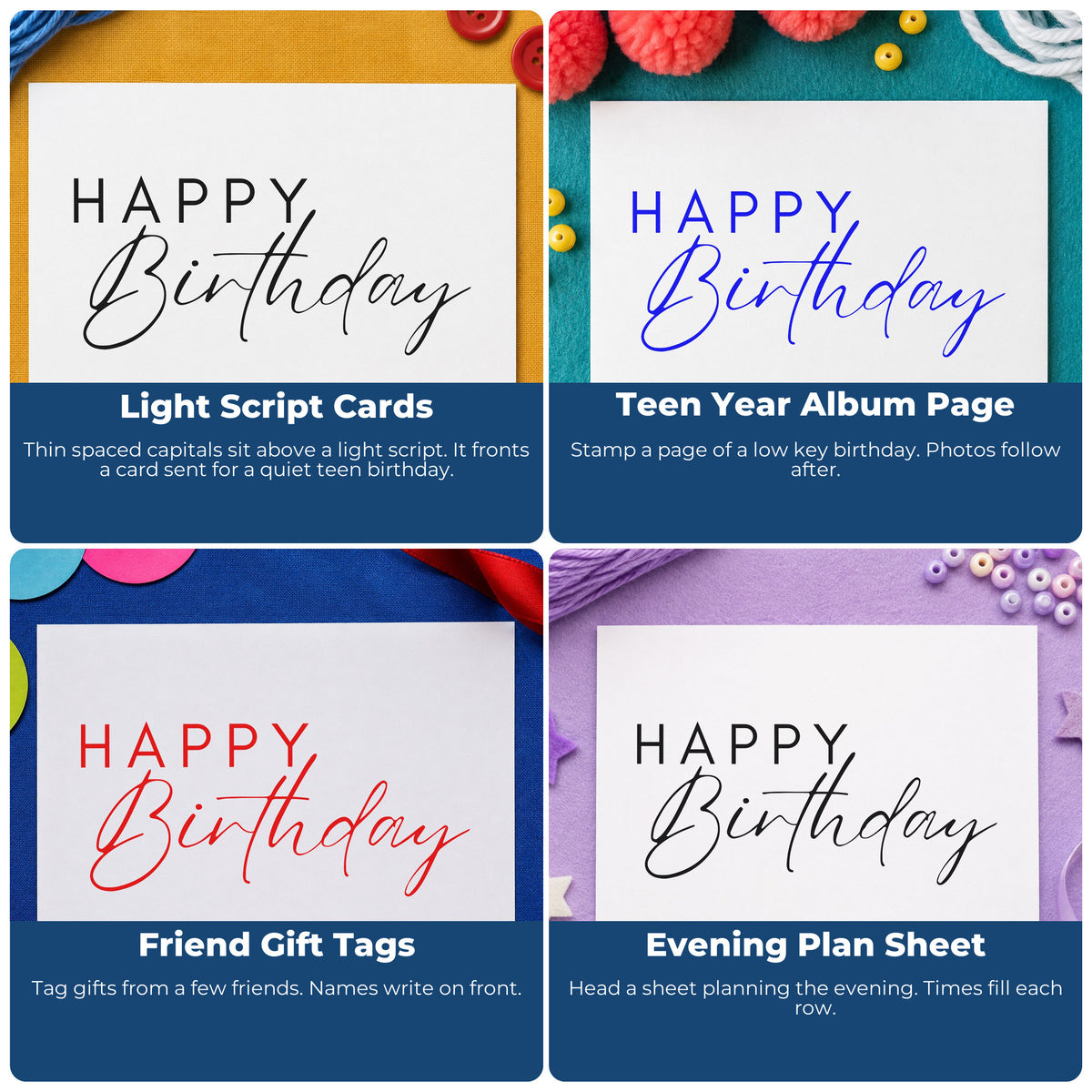 Four ways to use the Happy Birthday Thin Word Art Wood Handle Stamp: light script cards, teen year album page, friend gift tags and evening plan sheet.