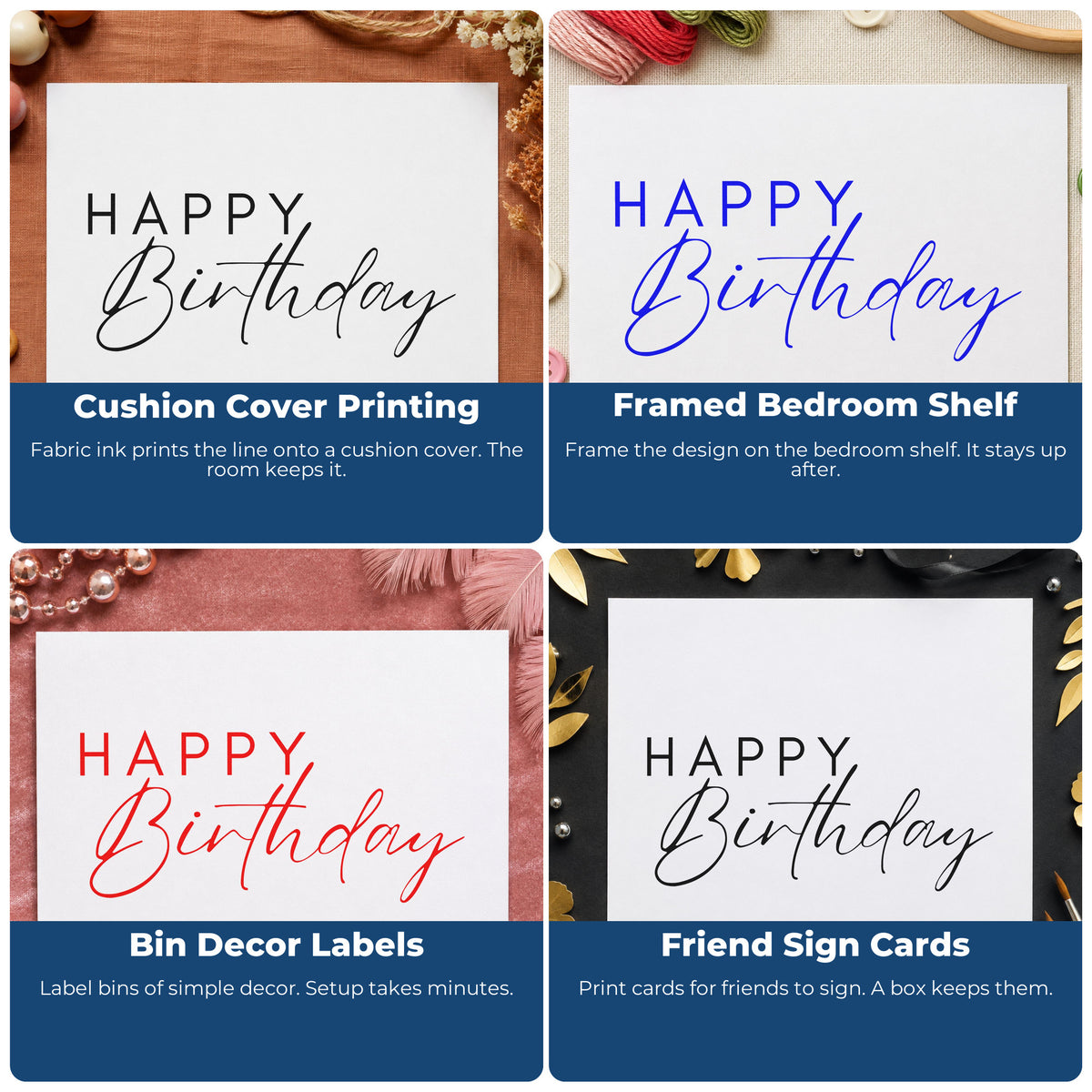 Four ways to use the Happy Birthday Thin Word Art Self-Inking Stamp: cushion cover printing, framed bedroom shelf, bin decor labels and friend sign cards.