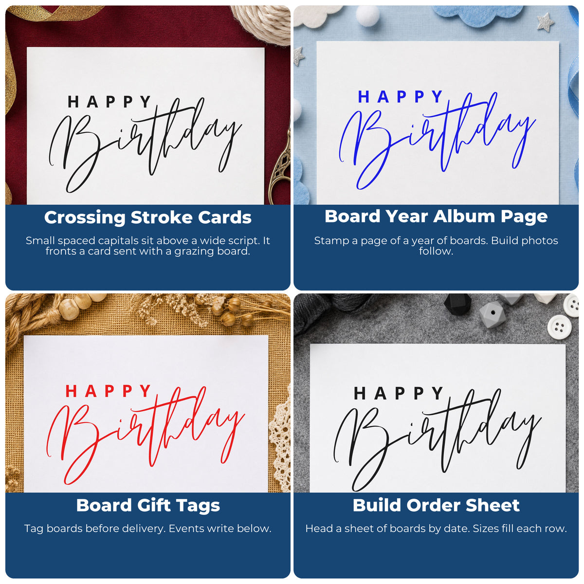 Four ways to use the Happy Birthday Fine Sweeping Script PSI Pre-Inked Stamp: crossing stroke cards, board year album page, board gift tags and build order sheet.
