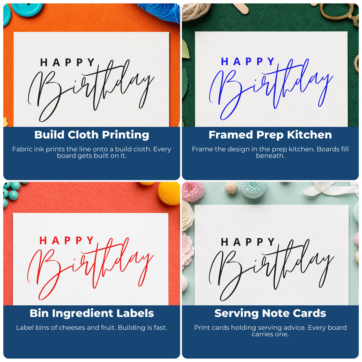 Four ways to use the Happy Birthday Fine Sweeping Script Stamp – Slim Pre-Inked: build cloth printing, framed prep kitchen, bin ingredient labels and serving note cards.