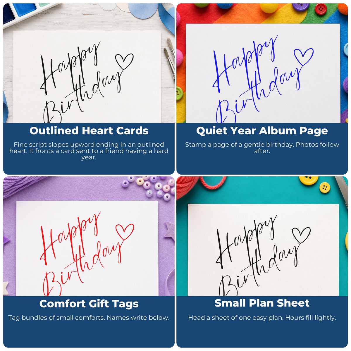 Four ways to use the Happy Birthday Diagonal Heart Script Lettering Rubber Stamp – Duo Hand: outlined heart cards, quiet year album page, comfort gift tags and small plan sheet.