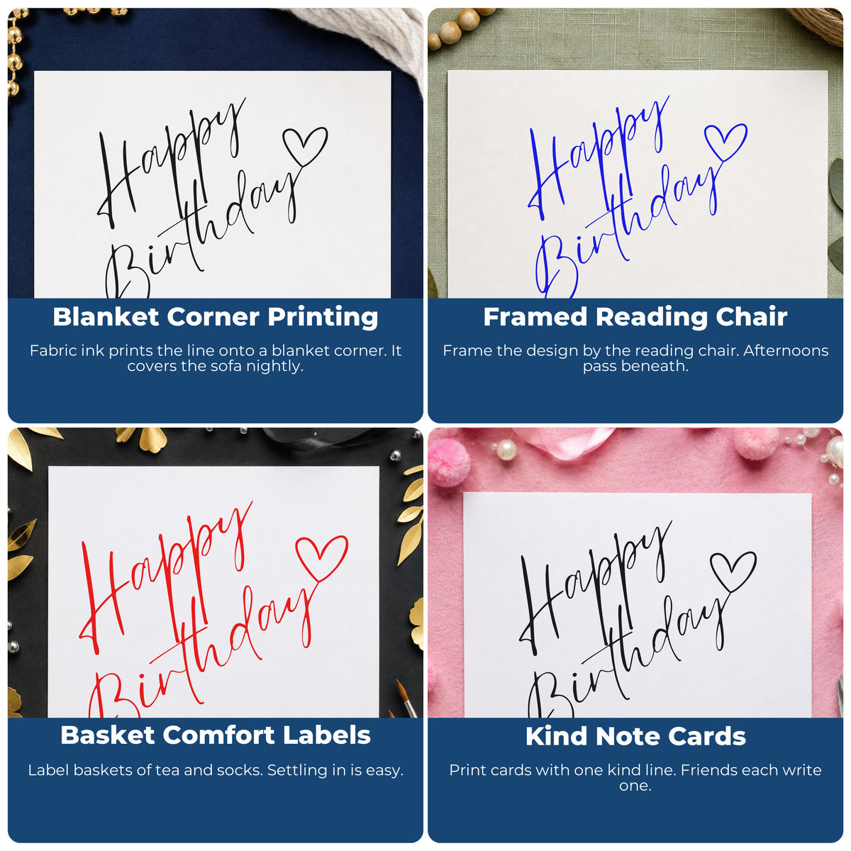 Four ways to use the Happy Birthday Diagonal Heart Script Lettering Rubber Stamp – Duo Hand: blanket corner printing, framed reading chair, basket comfort labels and kind note cards.