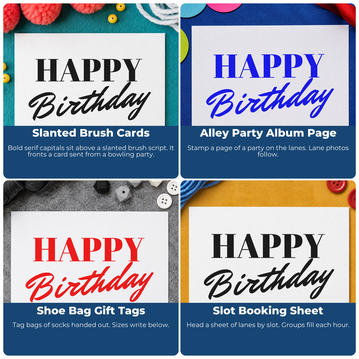 Four ways to use the Happy Birthday Serif Brush Craft Stamp – Self-Inking: slanted brush cards, alley party album page, shoe bag gift tags and slot booking sheet.
