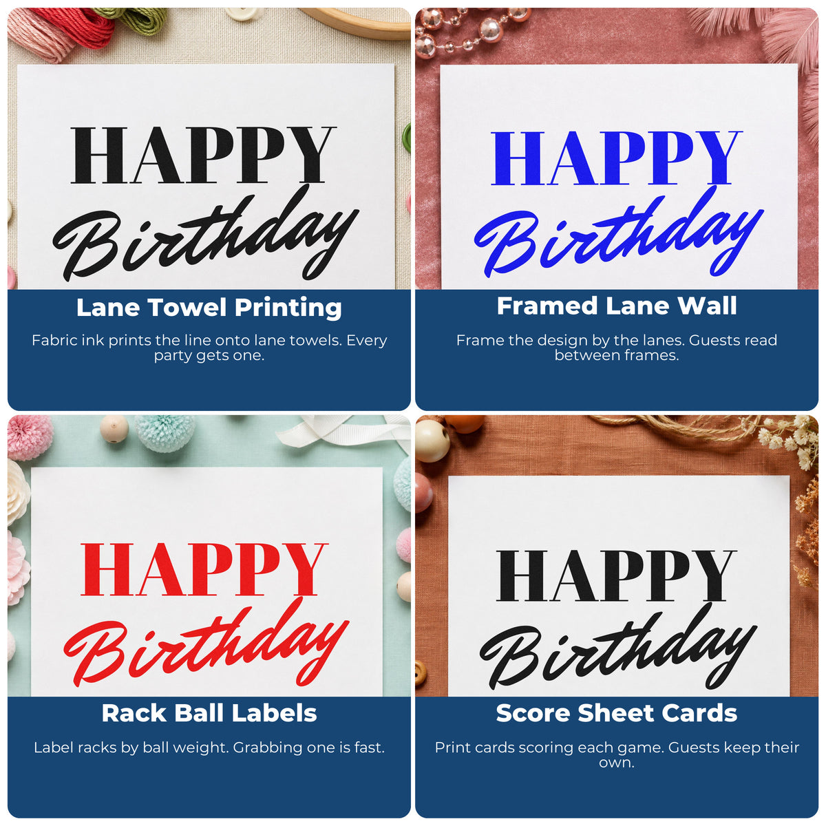 Four ways to use the Happy Birthday Serif Brush Craft Stamp – Self-Inking: lane towel printing, framed lane wall, rack ball labels and score sheet cards.