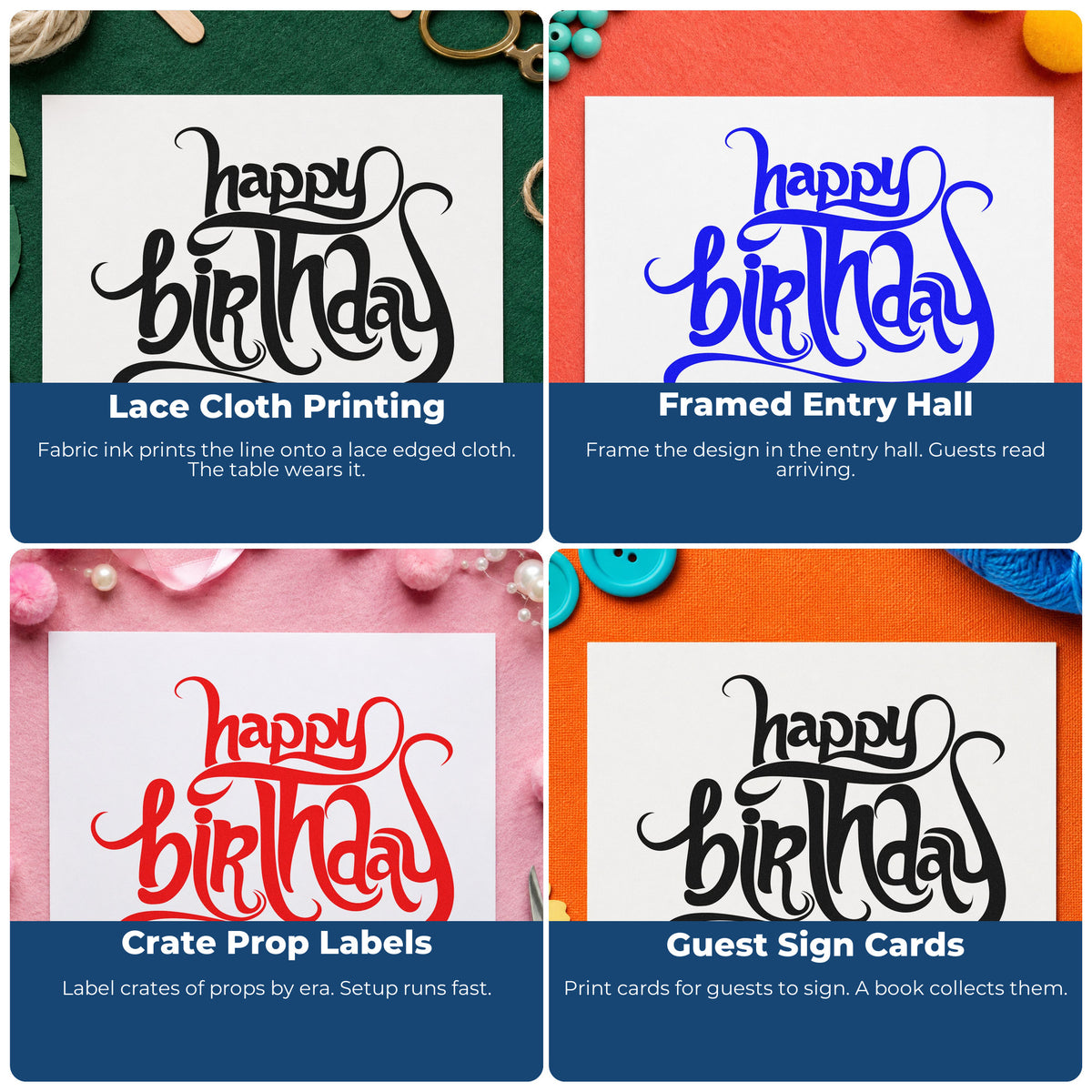 Four ways to use the Ornate Happy Birthday Flourishes Script Lettering Self-Inking Stamp: lace cloth printing, framed entry hall, crate prop labels and guest sign cards.