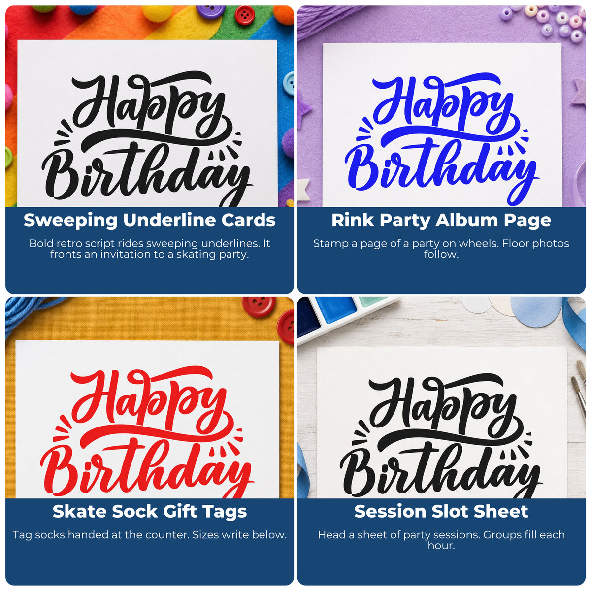 Four ways to use the Happy Birthday Retro Flourishes Rubber Stamp – Wood Handle: sweeping underline cards, rink party album page, skate sock gift tags and session slot sheet.