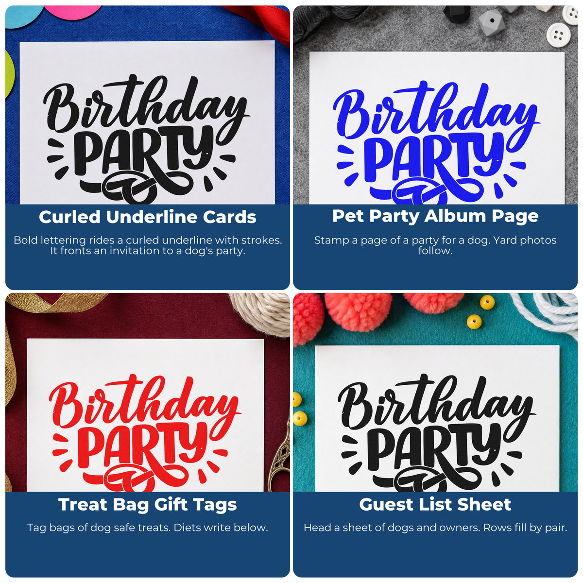 Four ways to use the Birthday Party Rubber Stamp – Duo Hand: curled underline cards, pet party album page, treat bag gift tags and guest list sheet.