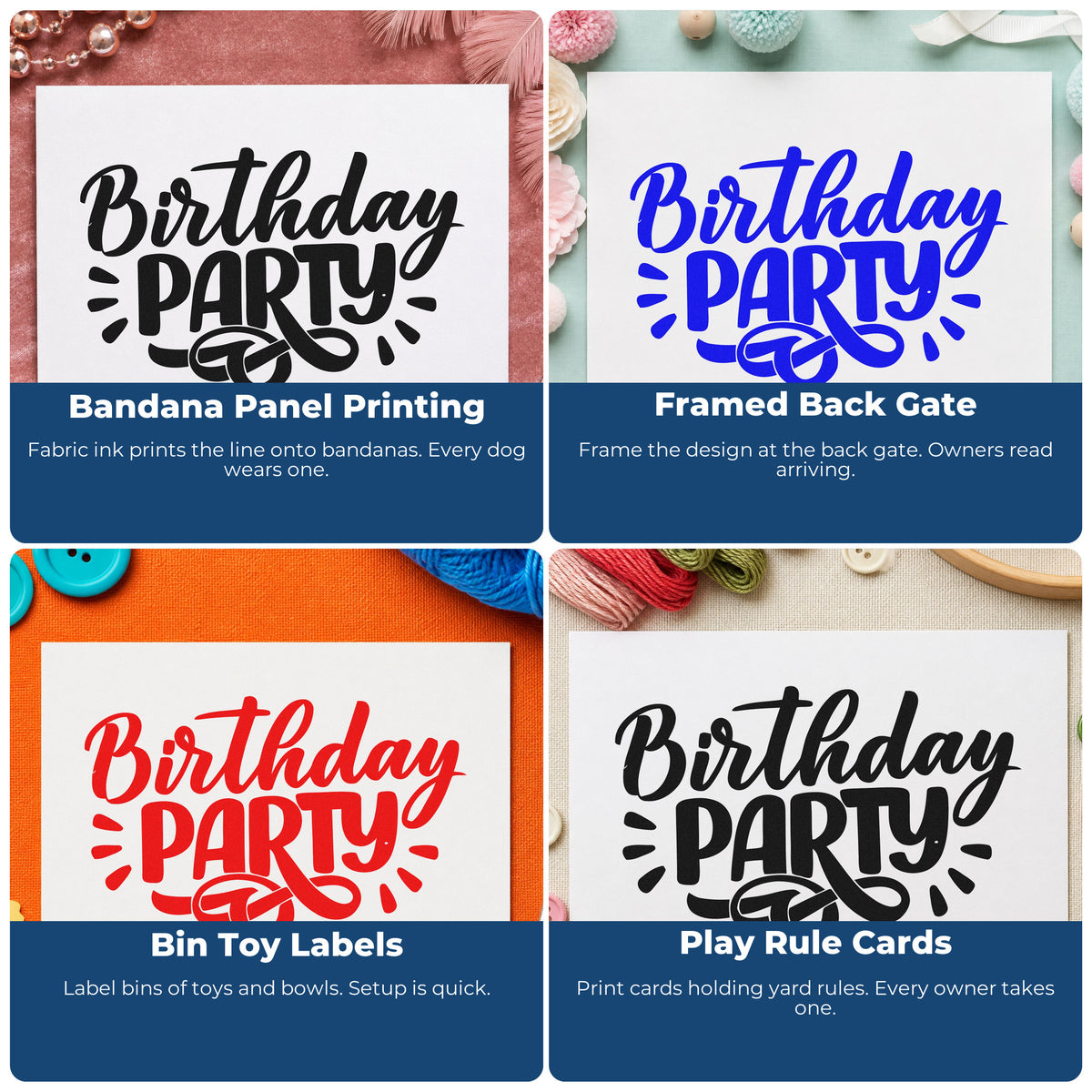 Four ways to use the Birthday Party Stamp - Premium Vintage Pro Wooden: bandana panel printing, framed back gate, bin toy labels and play rule cards.