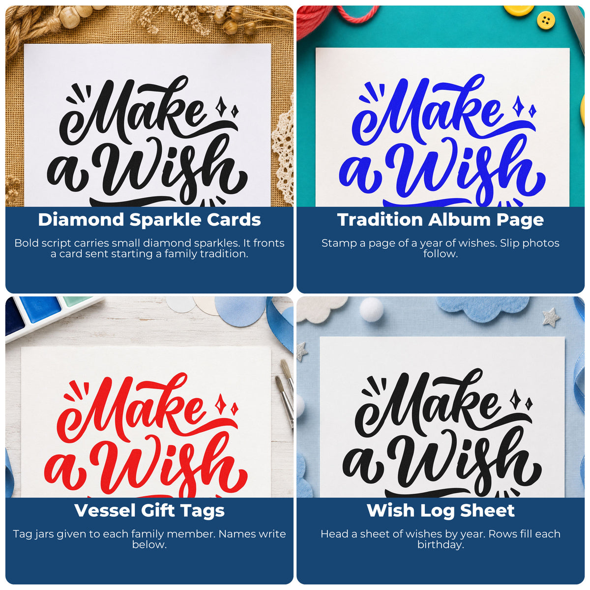 Four ways to use the Make A Wish Script Wood-Mounted Rubber Stamp: diamond sparkle cards, tradition album page, vessel gift tags and wish log sheet.