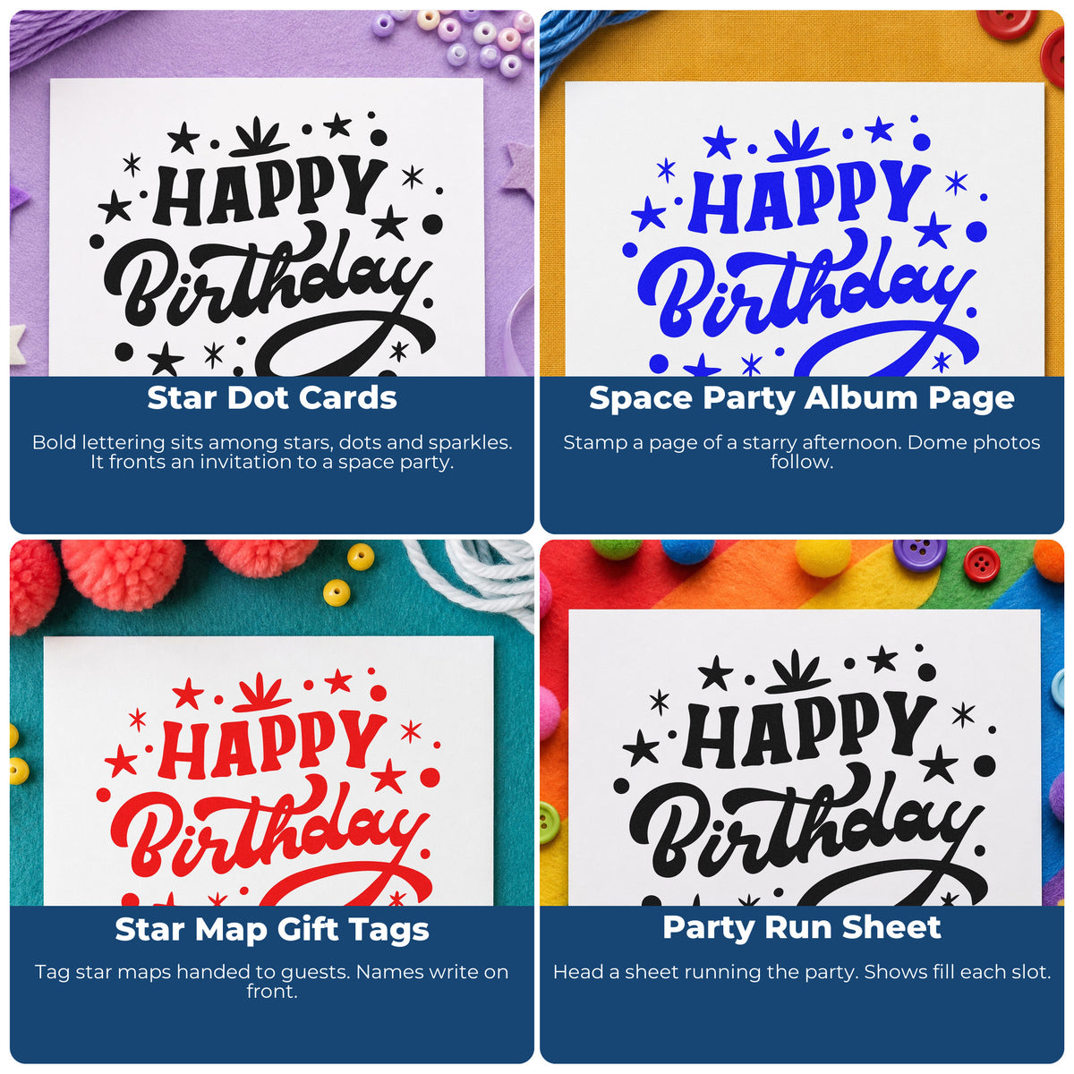 Four ways to use the Happy Birthday Star Confetti With Sparkles Rubber Stamp – Wood Handle: star dot cards, space party album page, star map gift tags and party run sheet.