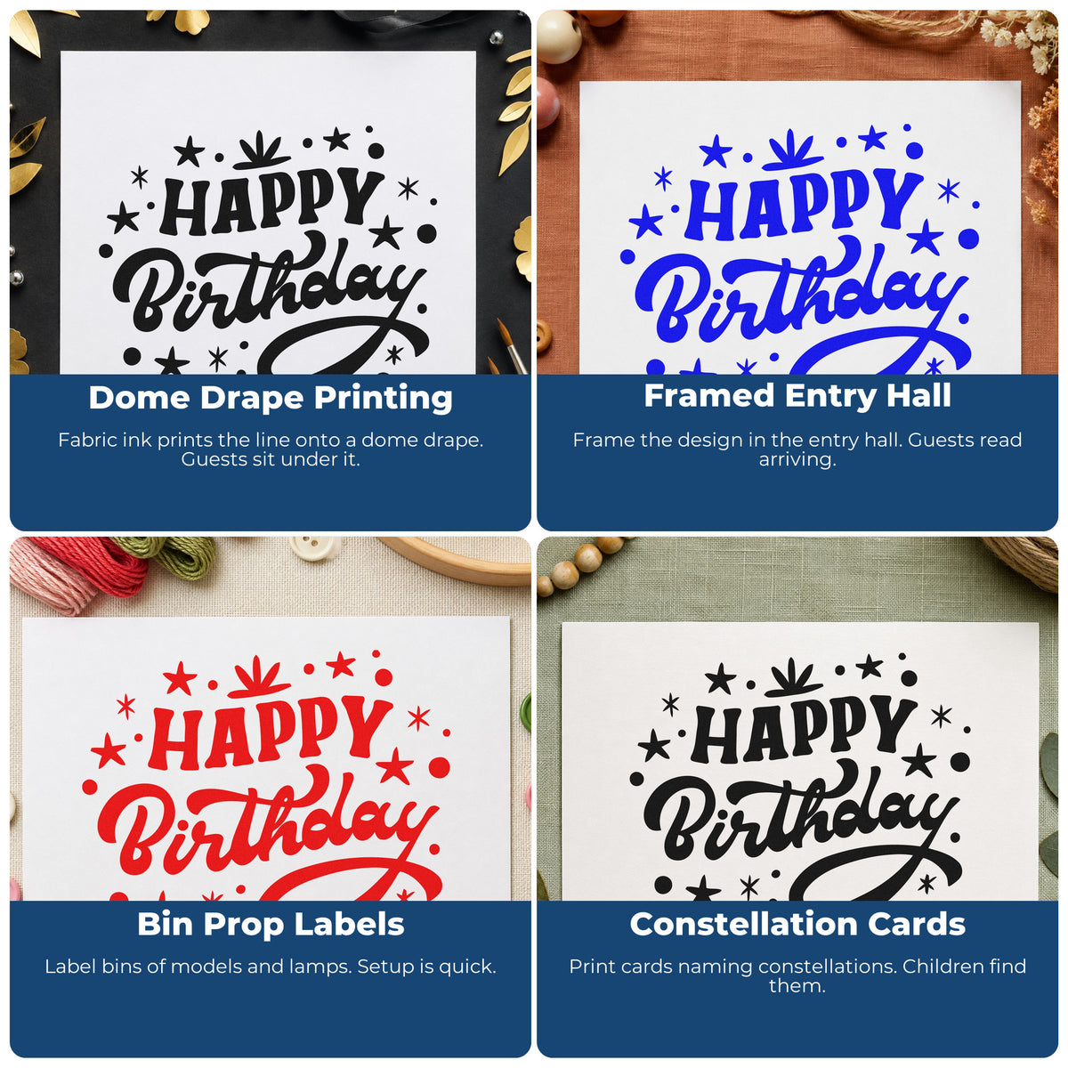 Four ways to use the Self-Inking Happy Birthday Star Confetti With Sparkles Stamp: dome drape printing, framed entry hall, bin prop labels and constellation cards.