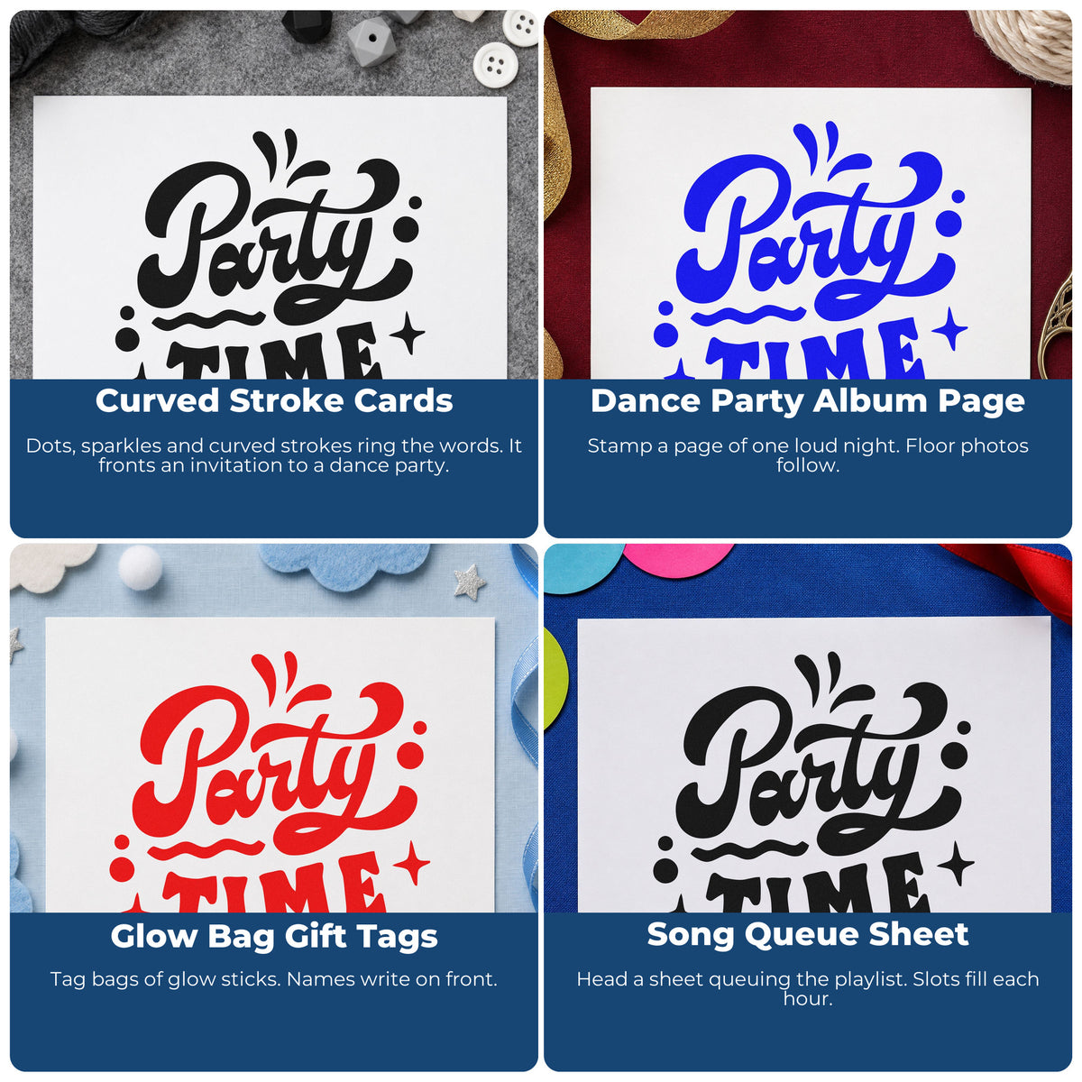 Four ways to use the Party Time Bold Script Stamp – Self-Inking: curved stroke cards, dance party album page, glow bag gift tags and song queue sheet.