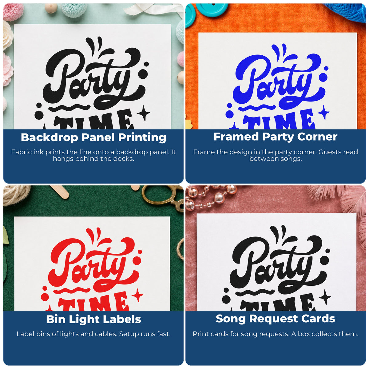Four ways to use the Party Time Bold Script Premium Wood-Mounted Stamp - Vintage Pro: backdrop panel printing, framed party corner, bin light labels and song request cards.