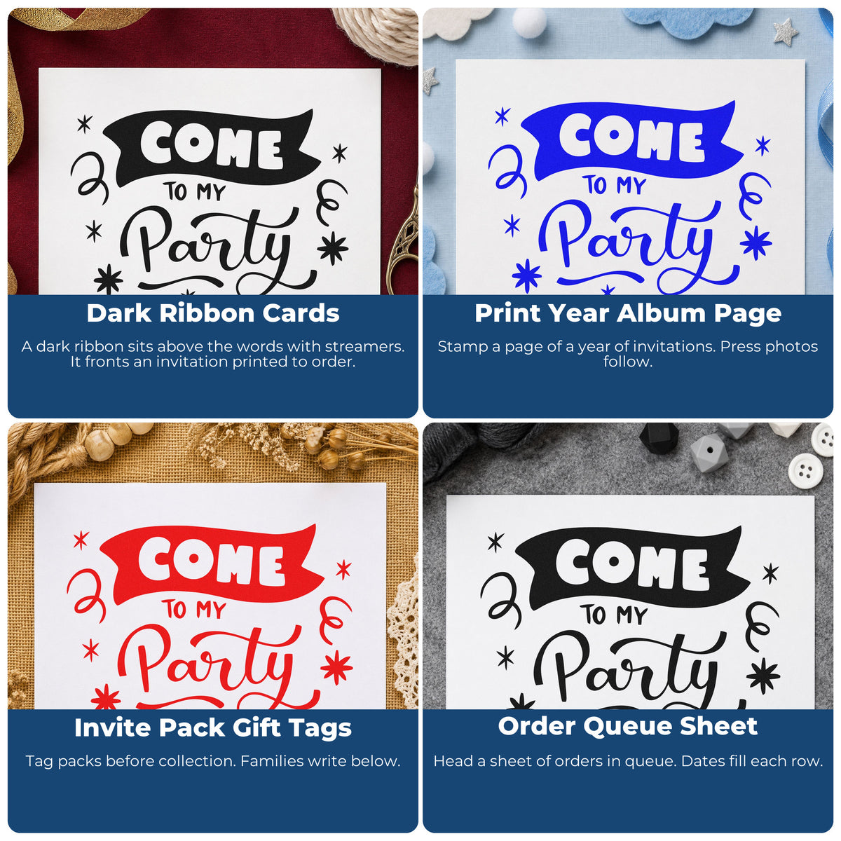 Four ways to use the Come To My Party With Stars Self-Inking Stamp: dark ribbon cards, print year album page, invite pack gift tags and order queue sheet.