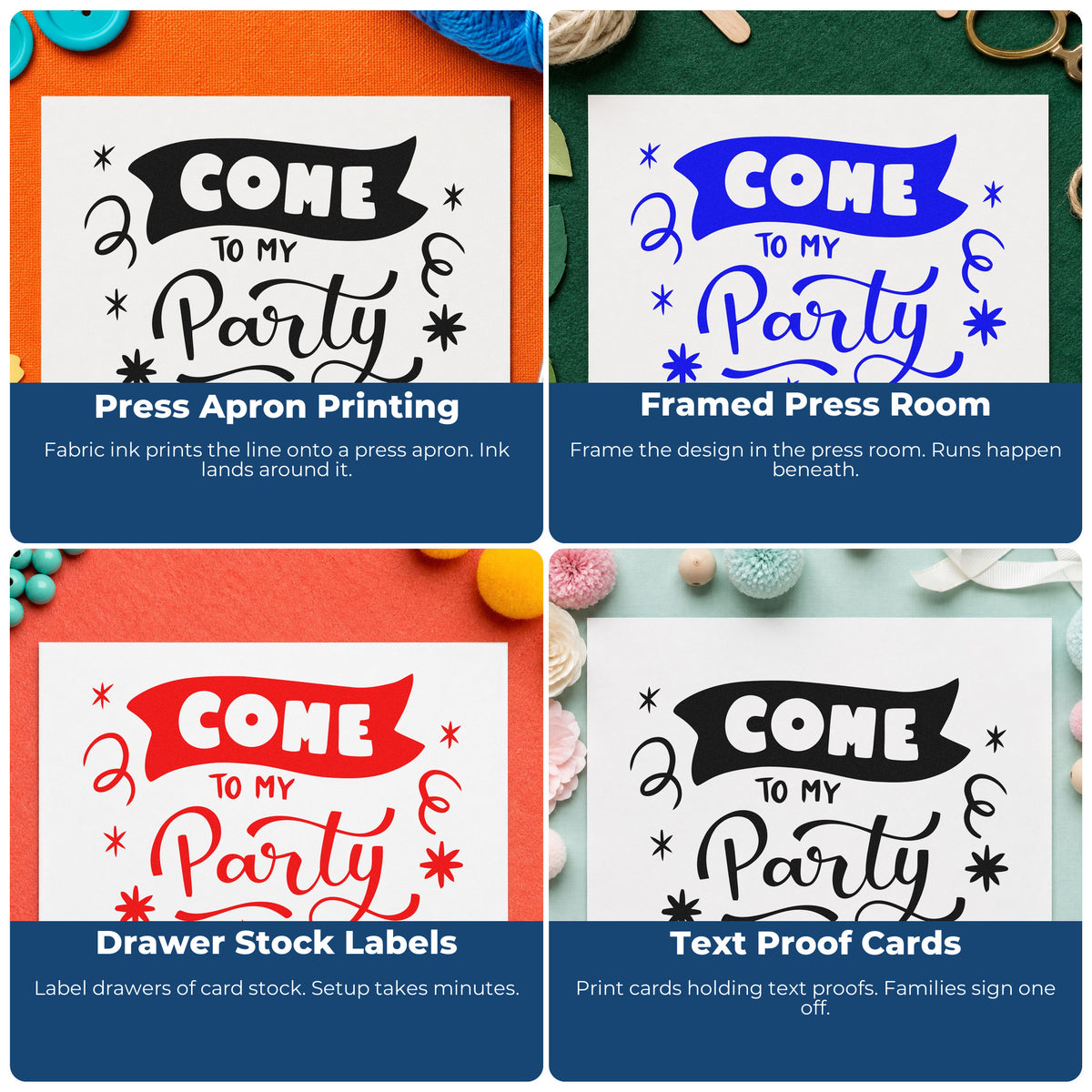 Four ways to use the Come To My Party With Stars Self-Inking Stamp: press apron printing, framed press room, drawer stock labels and text proof cards.