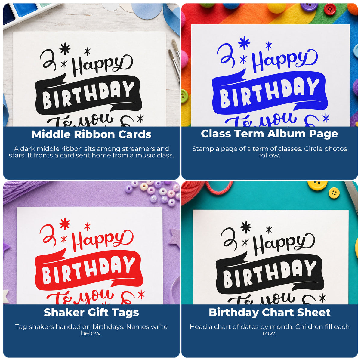 Four ways to use the Happy Birthday To You With Stars Hand Stamp – Duo: middle ribbon cards, class term album page, shaker gift tags and birthday chart sheet.