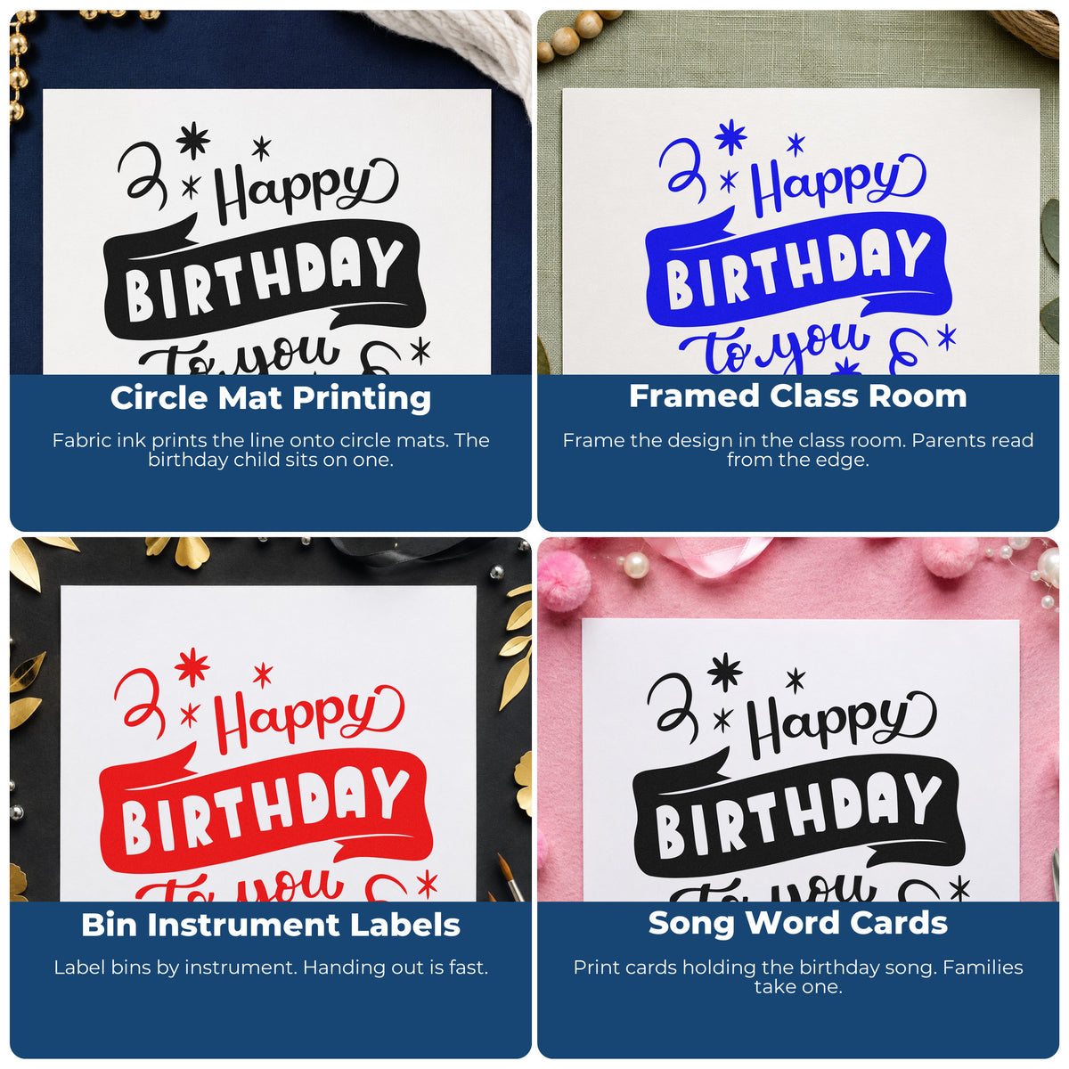 Four ways to use the Happy Birthday To You With Stars Pre-Inked Stamp – Slim: circle mat printing, framed class room, bin instrument labels and song word cards.