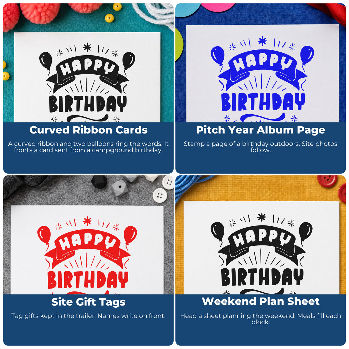 Four ways to use the Happy Birthday Balloons Banner With Sparkles Stamp - Premium Vintage Pro Wooden: curved ribbon cards, pitch year album page, site gift tags and weekend plan sheet.