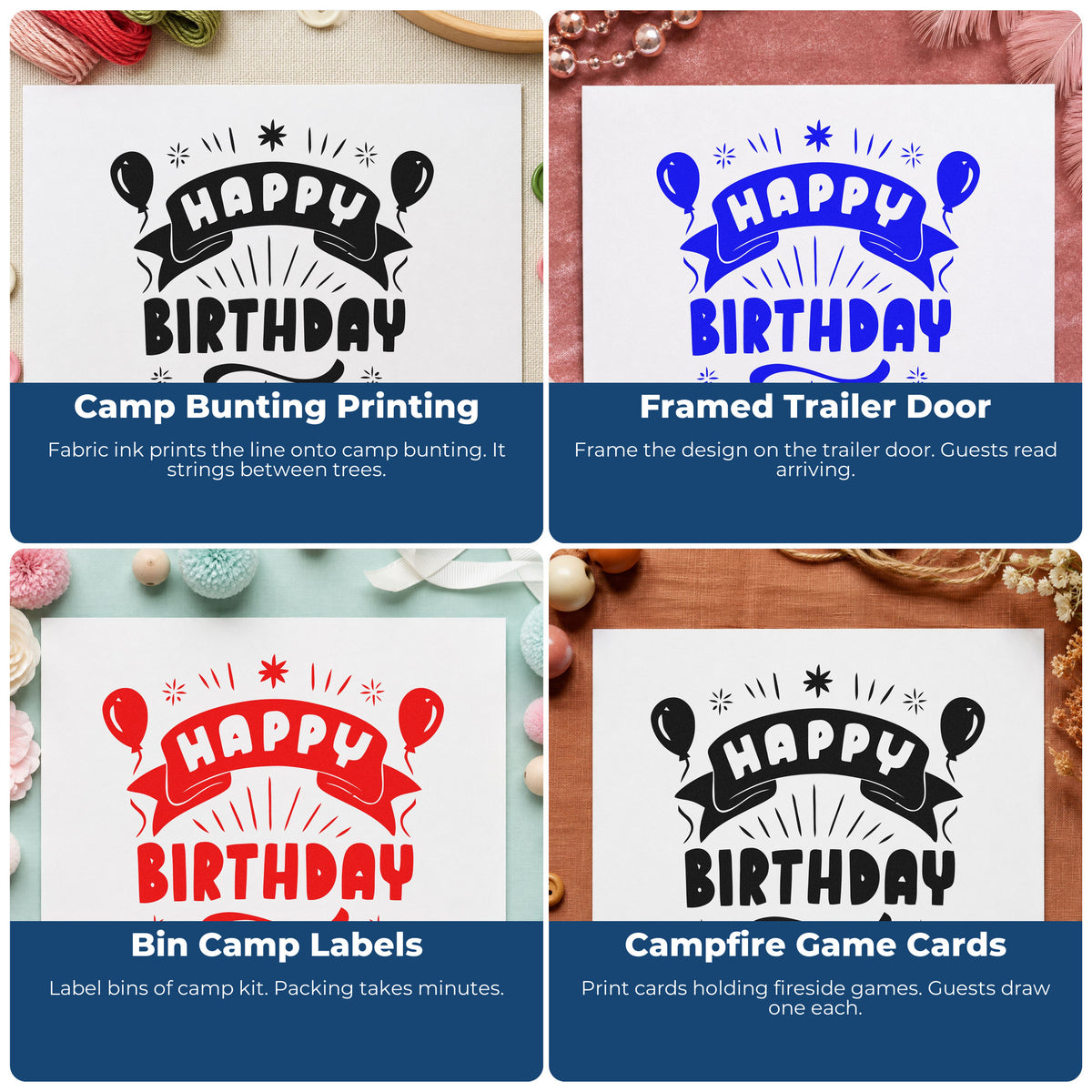 Four ways to use the Happy Birthday Balloons Banner With Sparkles Stamp - Premium Vintage Pro Wooden: camp bunting printing, framed trailer door, bin camp labels and campfire game cards.