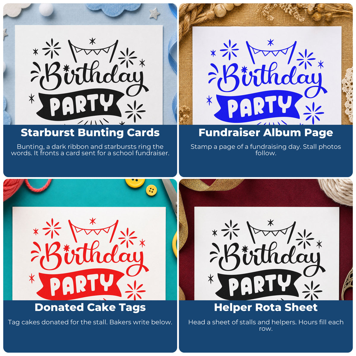 Four ways to use the Birthday Party Bunting Banner Stamp – Self-Inking: starburst bunting cards, fundraiser album page, donated cake tags and helper rota sheet.