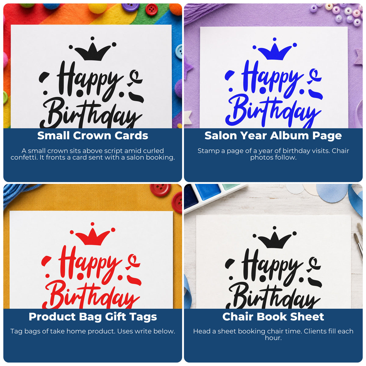 Four ways to use the Birthday Crown Confetti Script Lettering Rubber Stamp – Duo Hand: small crown cards, salon year album page, product bag gift tags and chair book sheet.