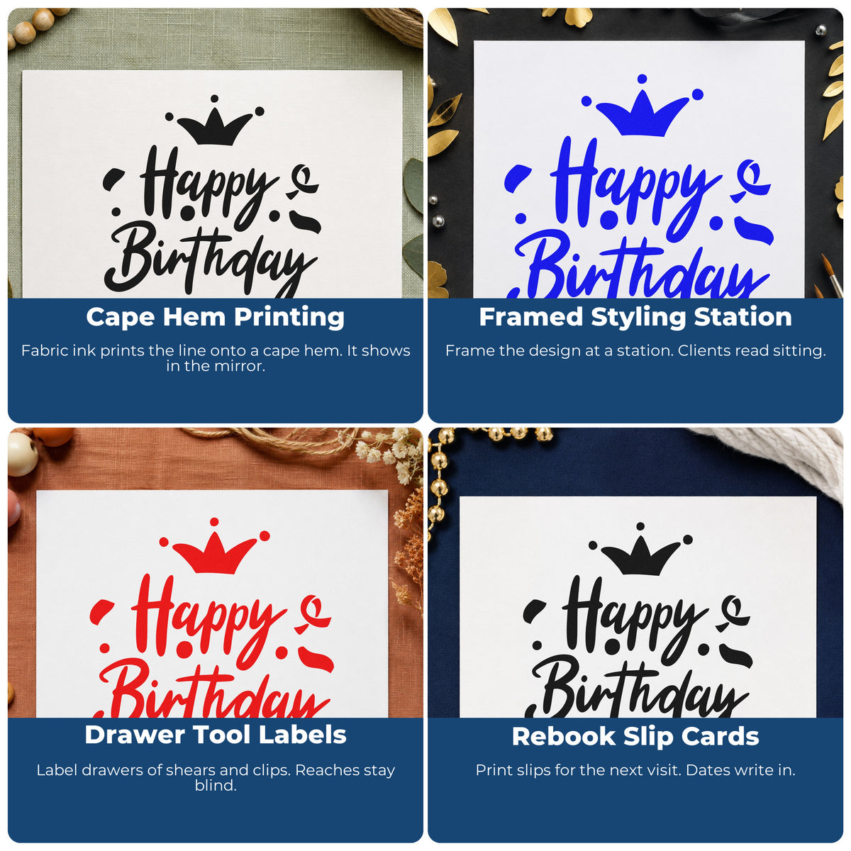 Four ways to use the Slim Pre-Inked Birthday Crown Confetti Script Lettering Stamp: cape hem printing, framed styling station, drawer tool labels and rebook slip cards.
