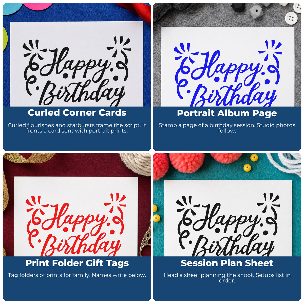 Four ways to use the Birthday Script Corner Flourishes PSI Pre-Inked Stamp: curled corner cards, portrait album page, print folder gift tags and session plan sheet.