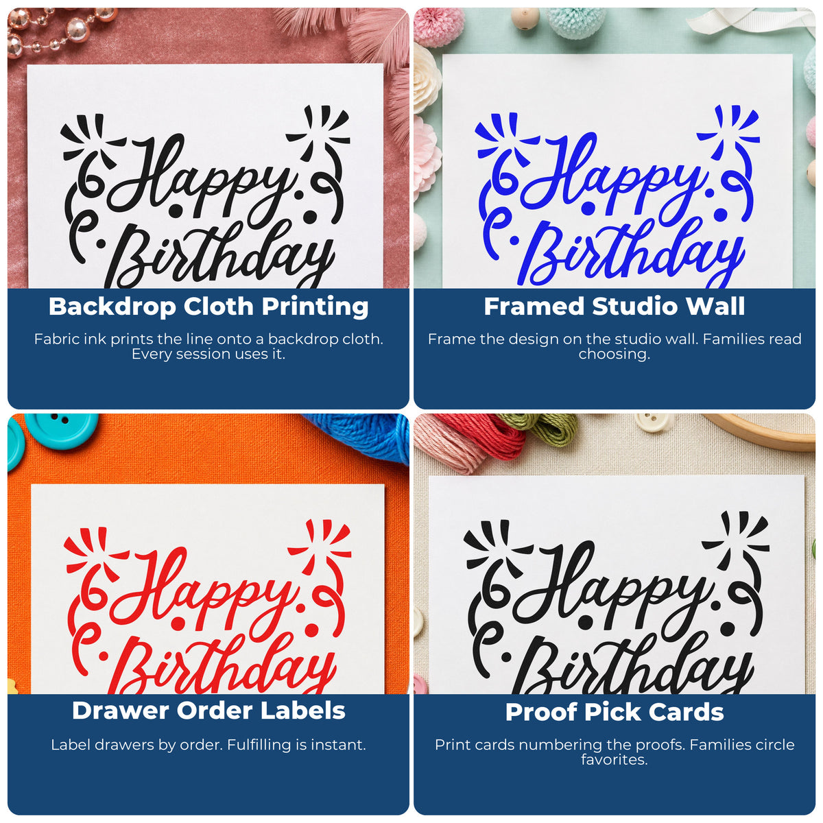 Four ways to use the Birthday Script Corner Flourishes Pre-Inked Stamp – Slim: backdrop cloth printing, framed studio wall, drawer order labels and proof pick cards.